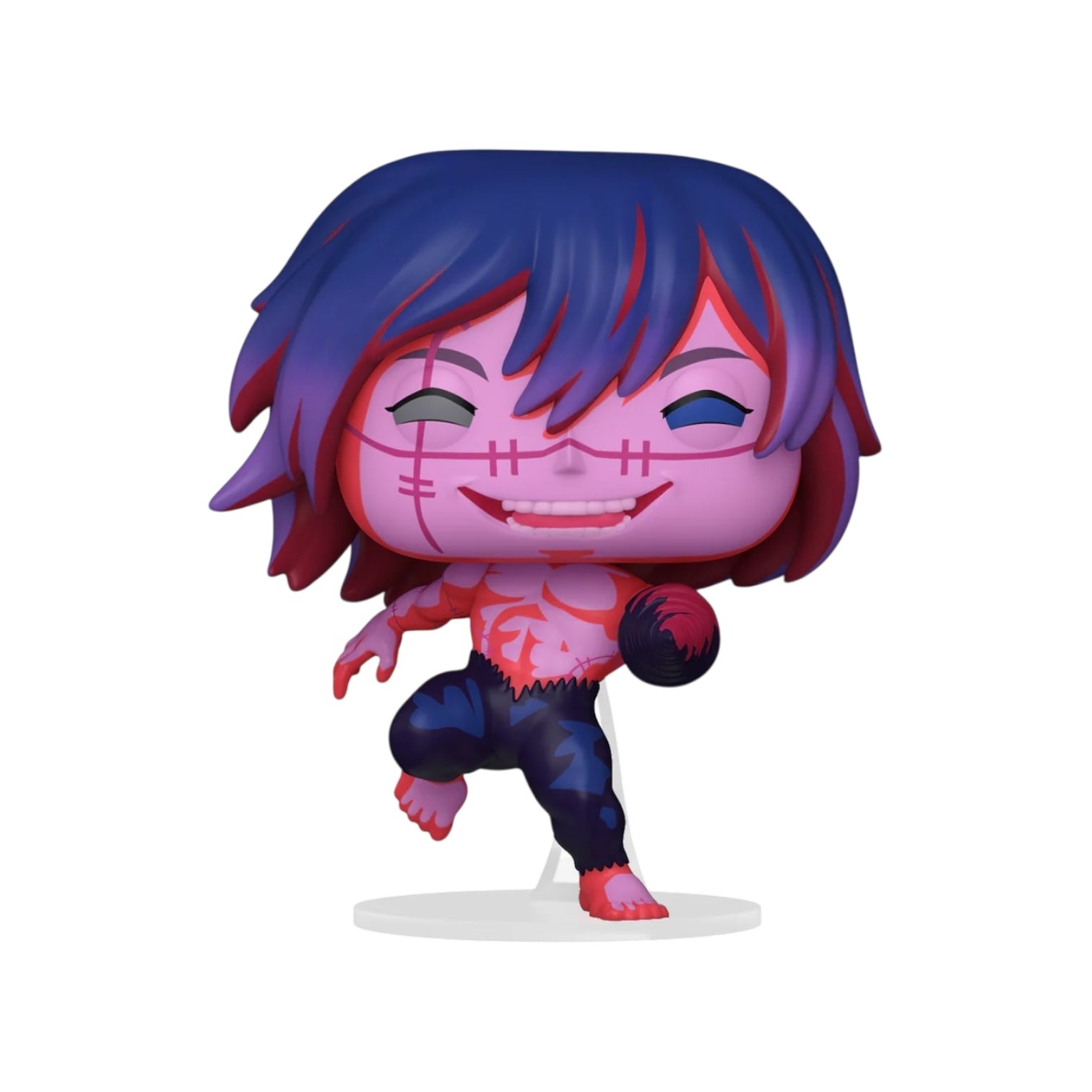 Colorful anime-style figurine with blue and red hair on a white background
