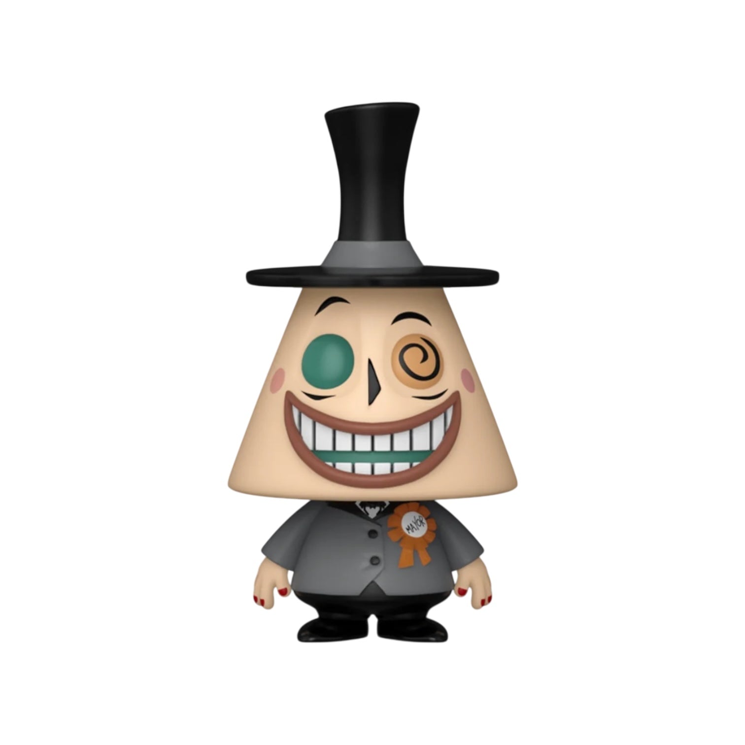 Toy figure with a top hat and smiling face on a white background