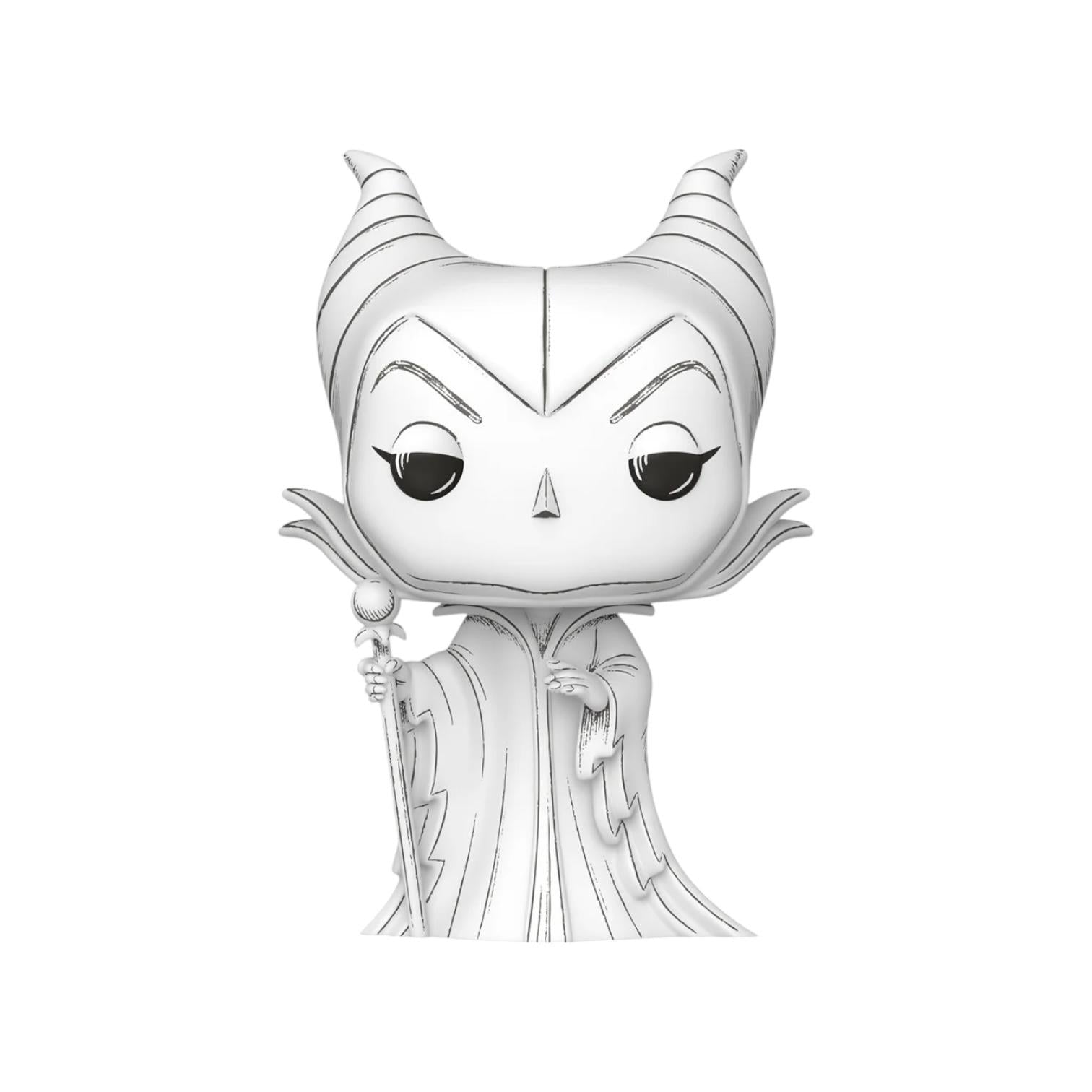 Black and white figurine of a character with distinctive hairstyle and outfit on a white background
