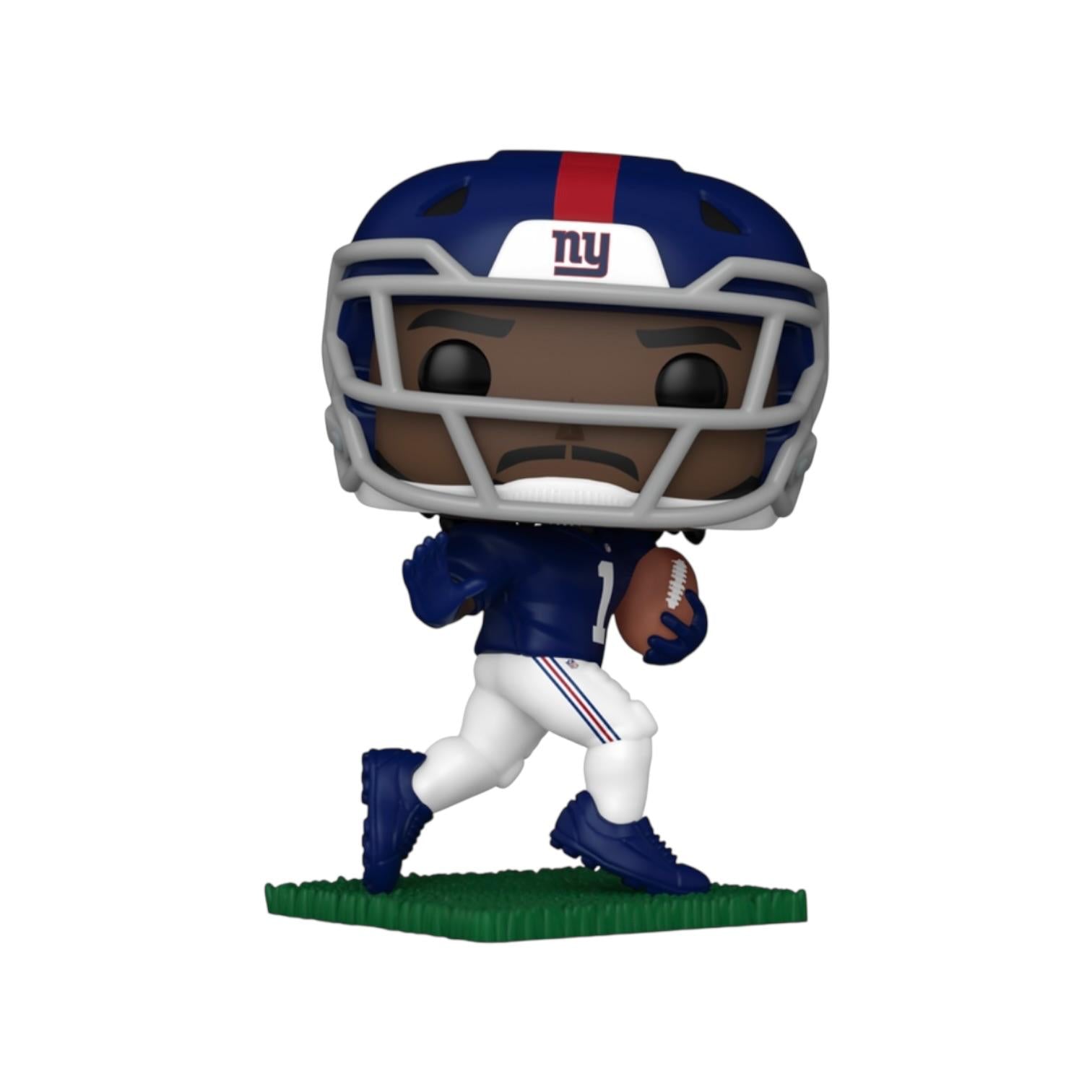 Figurine of a football player in a blue and white uniform with a helmet, holding a football, on a white background.