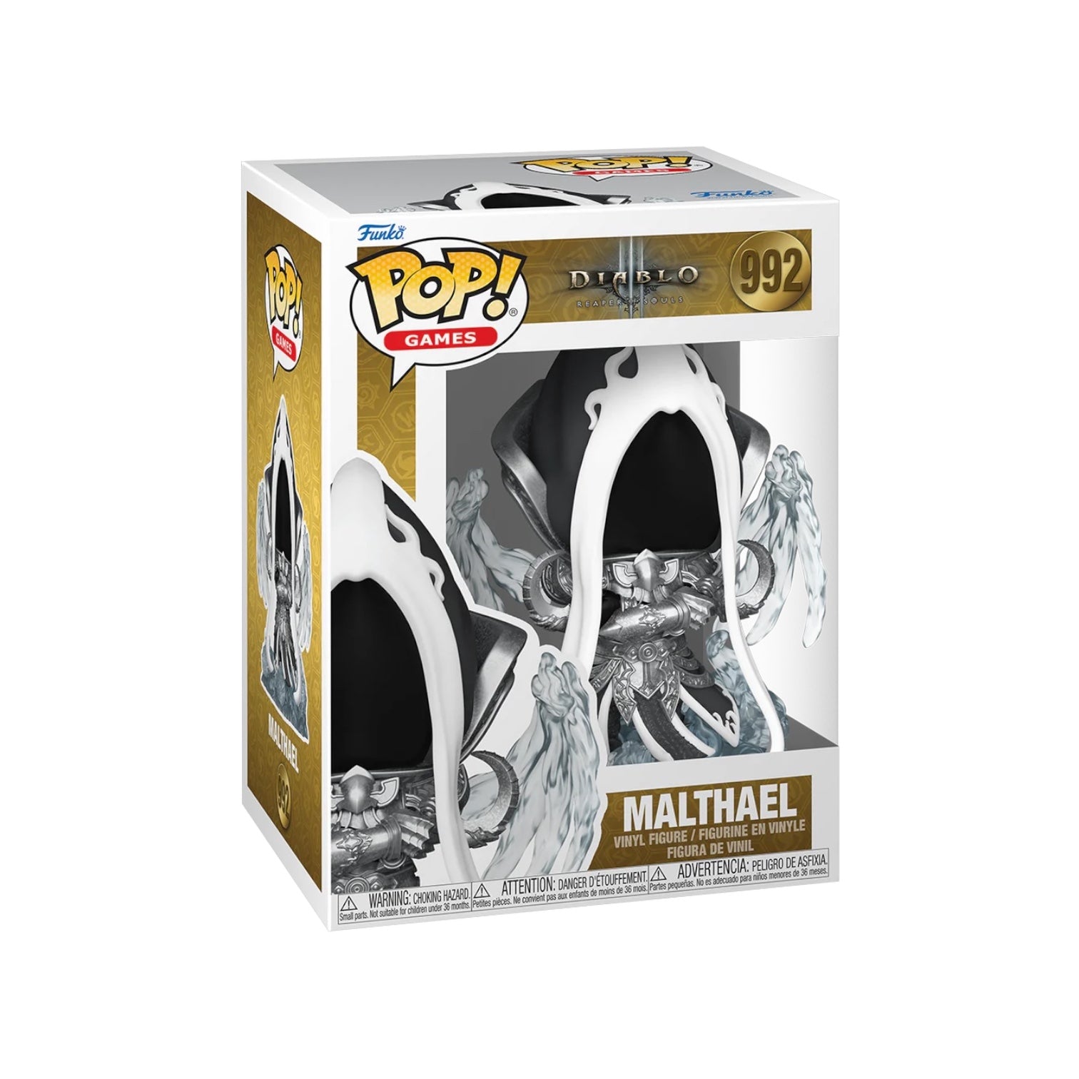 Malthael #992 Funko Pop! vinyl figure packaging, predominantly black and white with gold accents, featuring the character Malthael from Diablo III.
