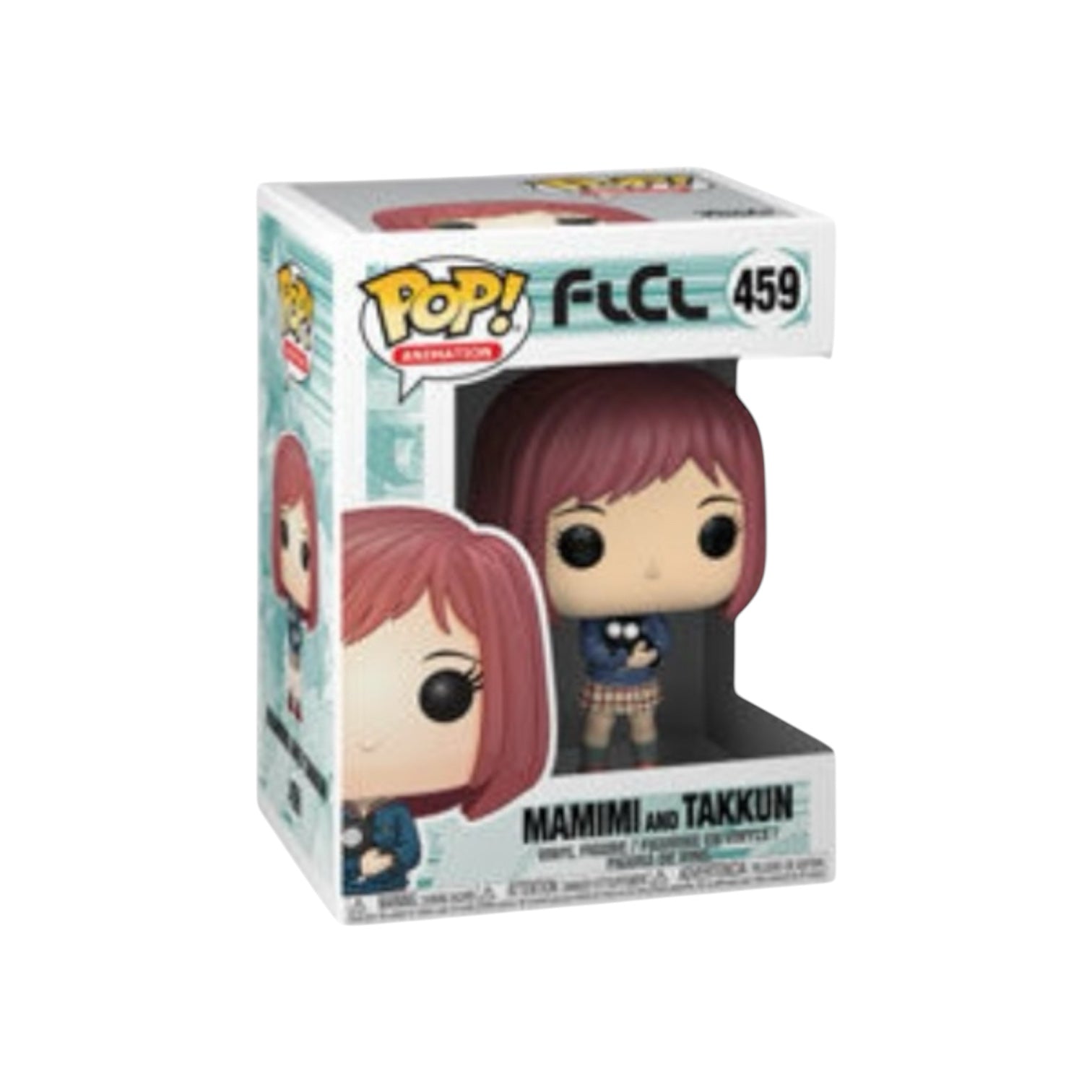 Mamimi wearing a blue jumper and checkered skirt holding a black cat called Takkun.