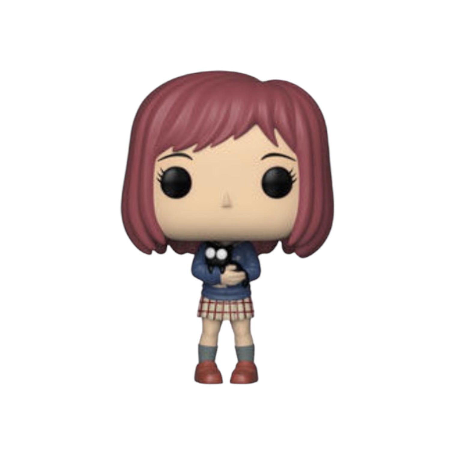 Mamimi wearing a blue jumper and checkered skirt holding a black cat called Takkun.