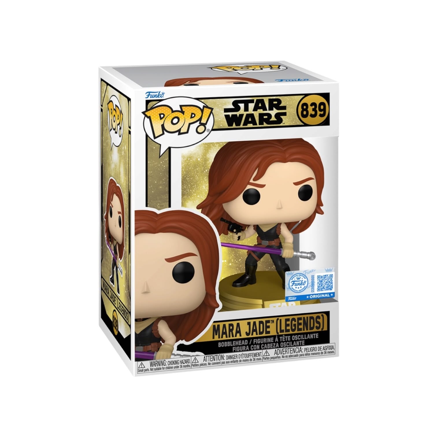 Funko Pop! Star Wars: Mara Jade Legends vinyl figure in its original window box packaging, featuring character artwork and the number 839.