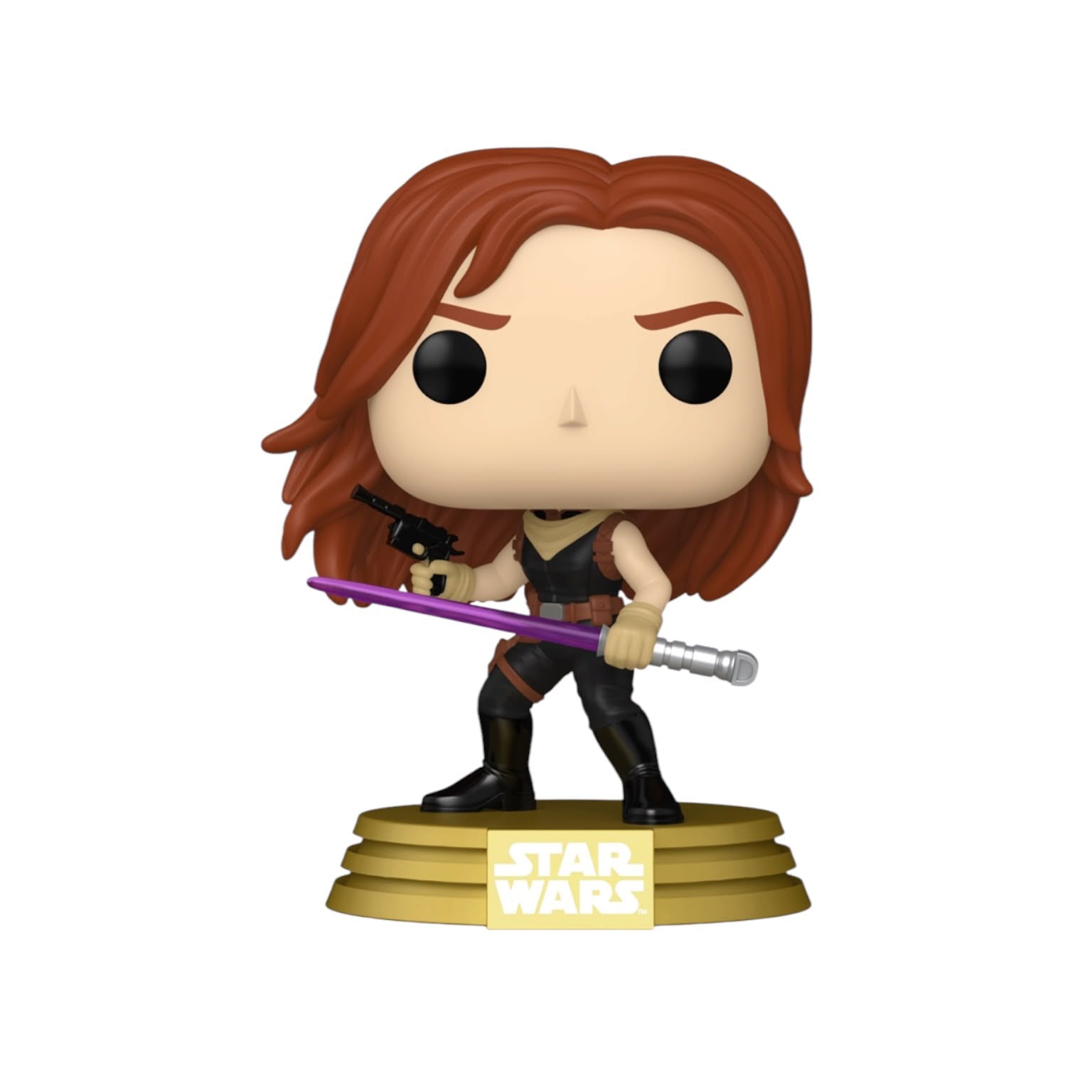 A Star Wars Funko Pop! vinyl figure of a female character with brown hair, wearing black and tan outfit, holding a purple lightsaber and a blaster, standing on a gold-colored tiered base with a Star Wars logo.