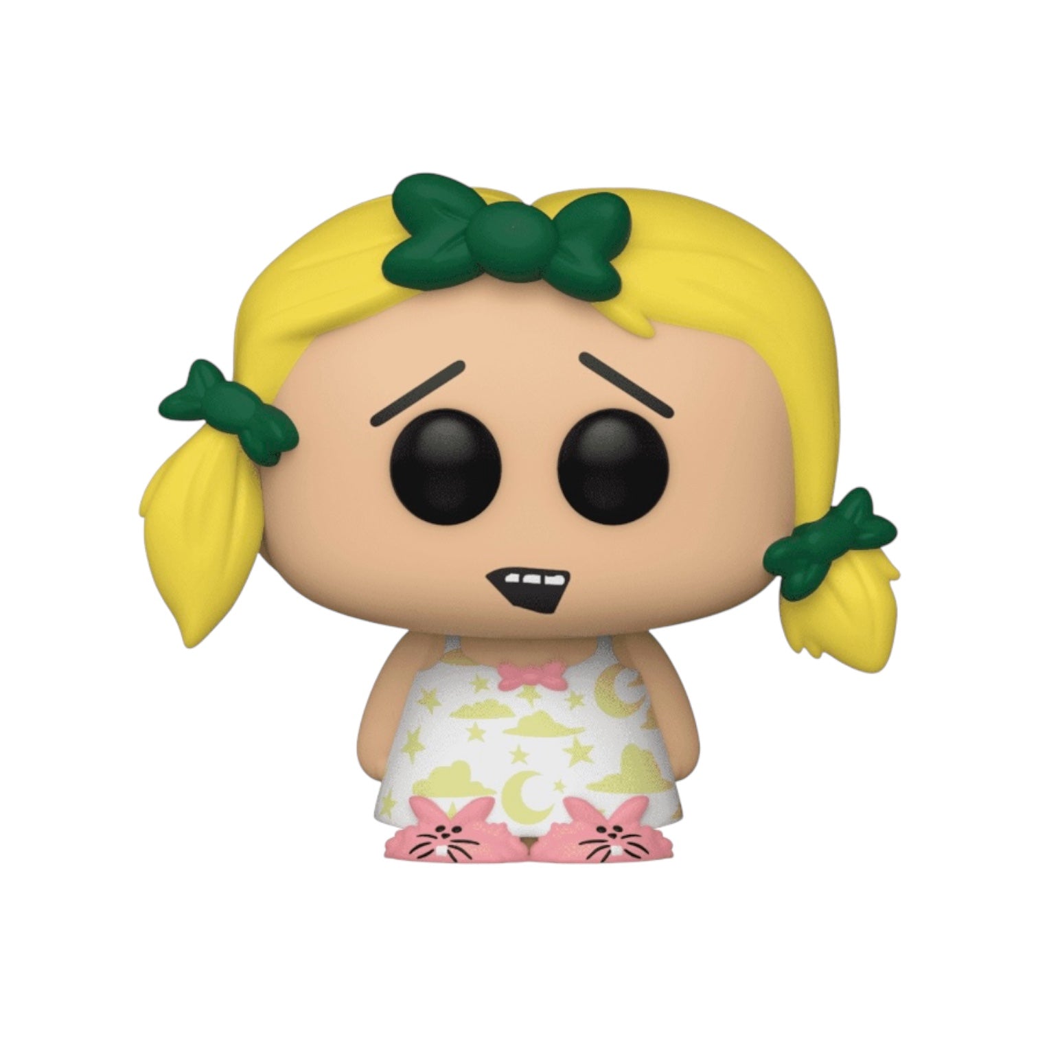 Blonde girl with white night gown on and pink bunny slippers.