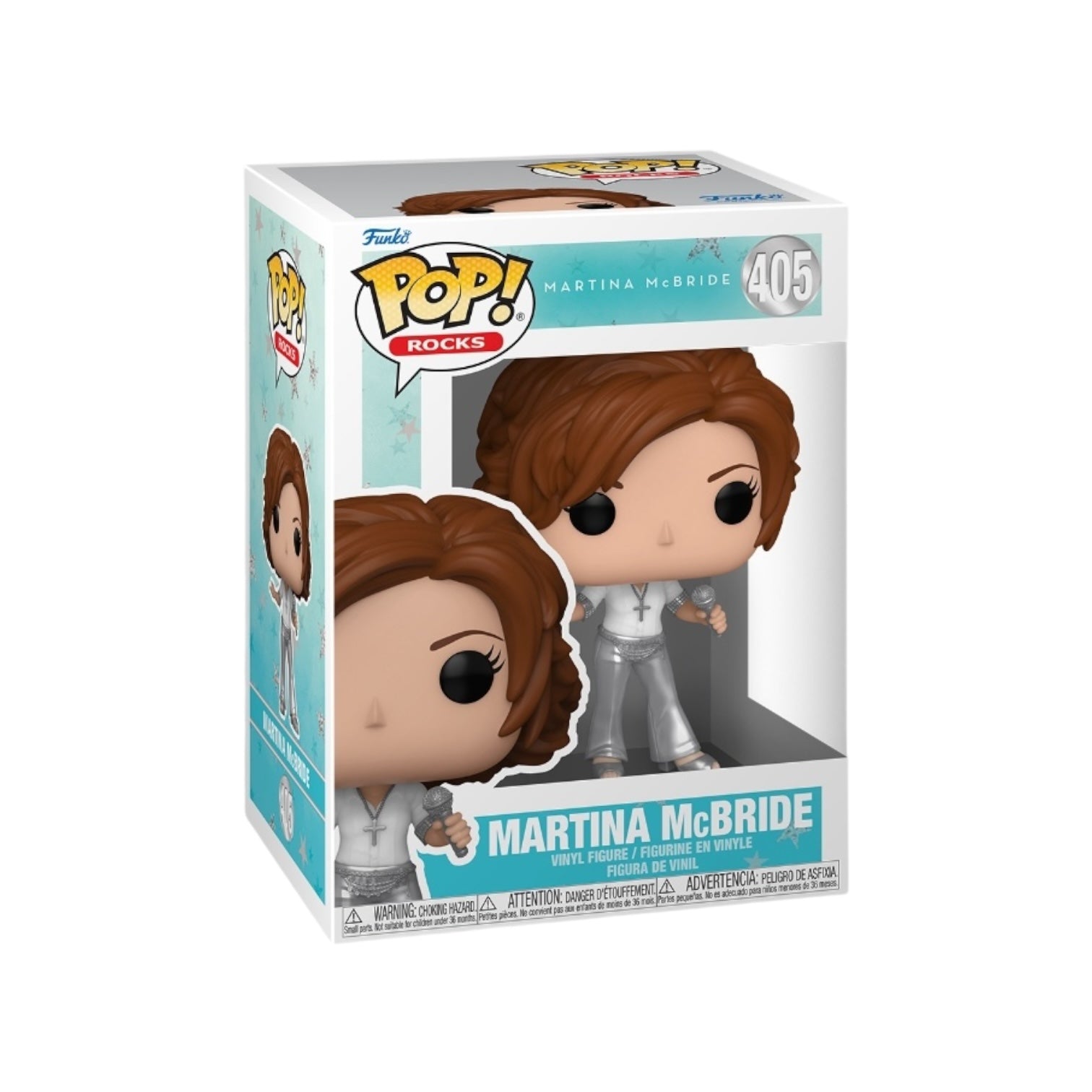 Funko Pop figure of Martina McBride styled in silver trousers, holding a microphone, ready to perform.