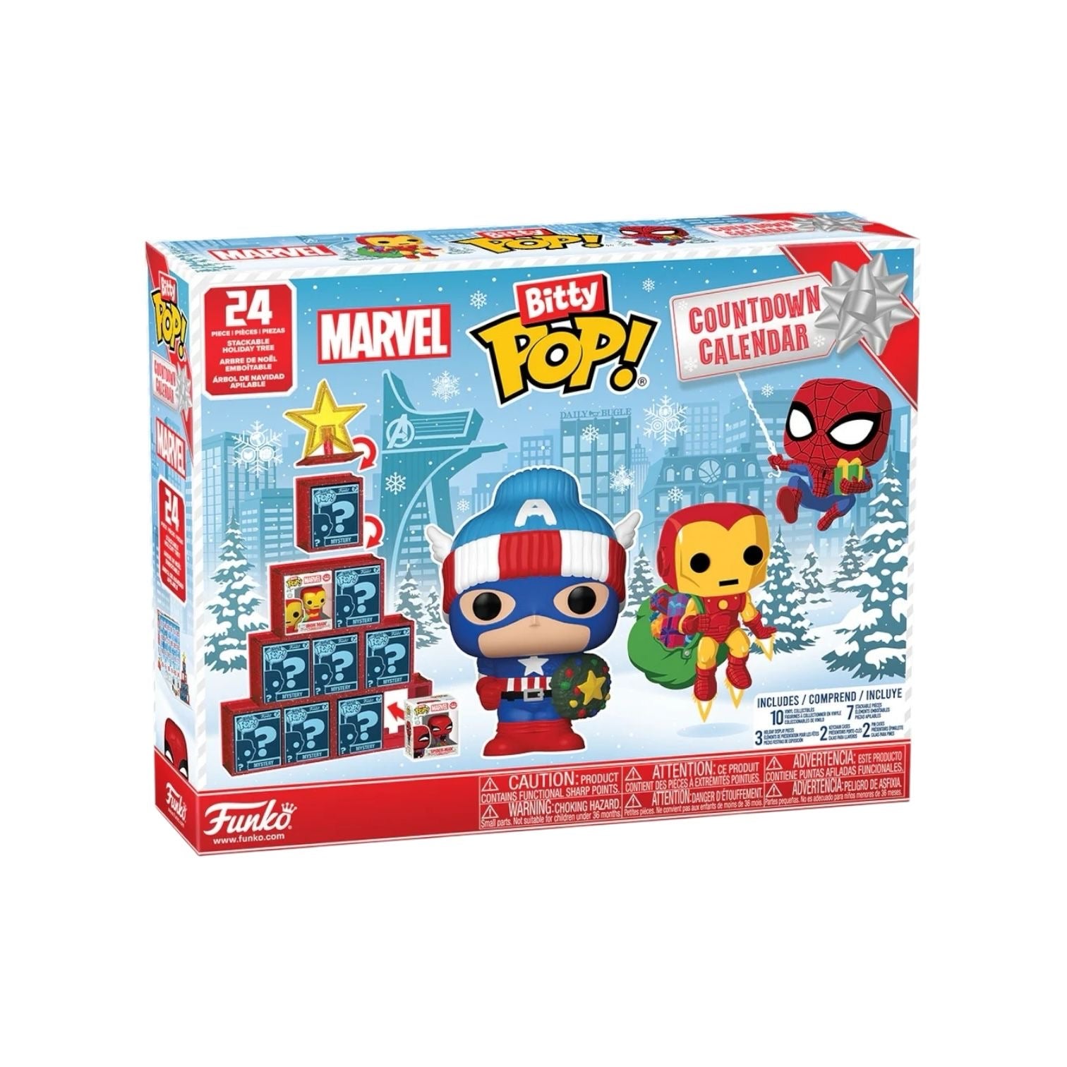 Marvel Bitty Pop Funko Advent Calendar featuring various superhero figures in a festive countdown design.