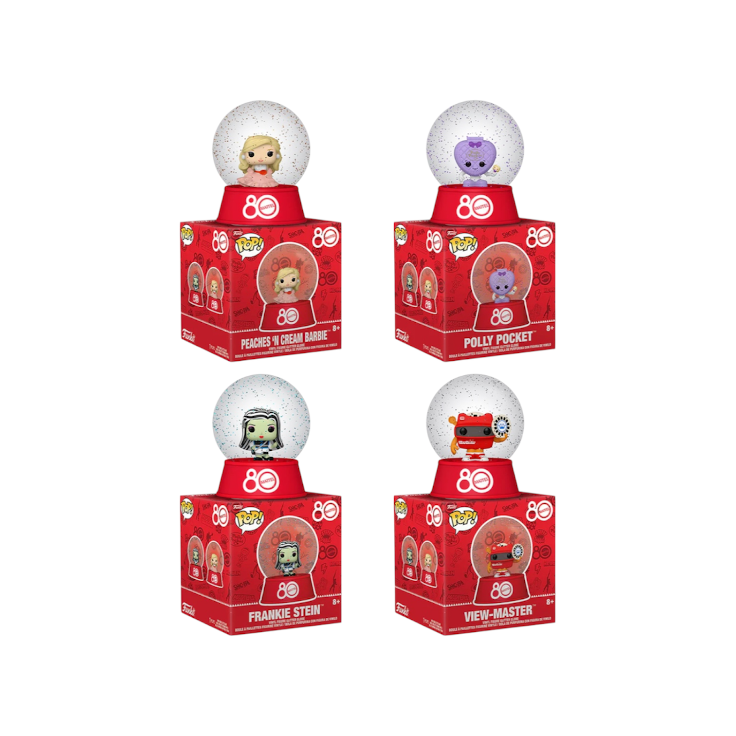 Four Funko Pop! vinyl figures in snow globes with red boxes on a white background