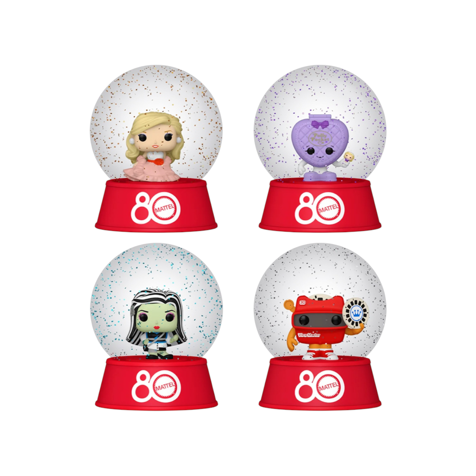 Four snow globes with characters on red bases featuring the number 80, on a white background.