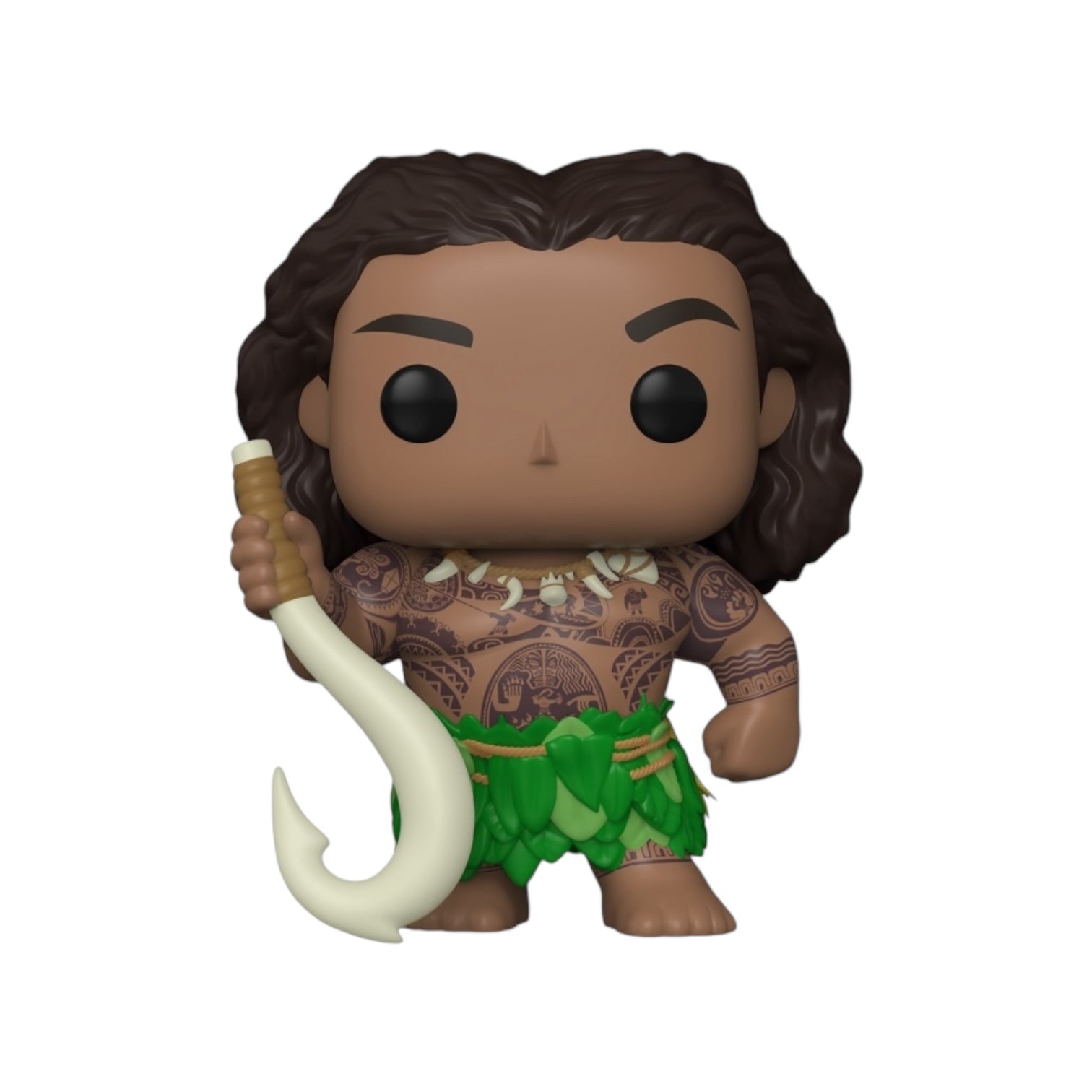 Maui from Moana wearing a green leaf skirt holding his powerful hook