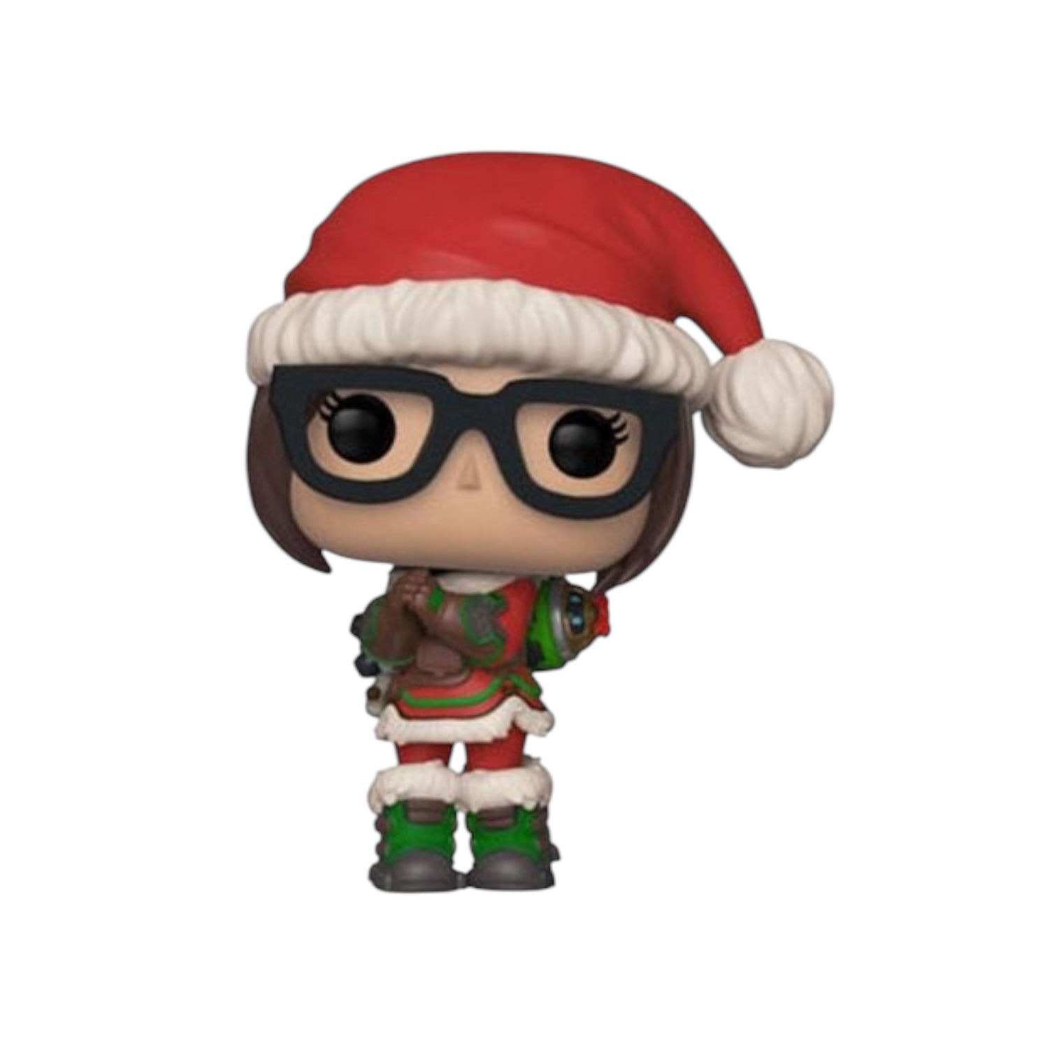 Mei dressed in a Santa outfit and a Santa hat wearing black glasses.