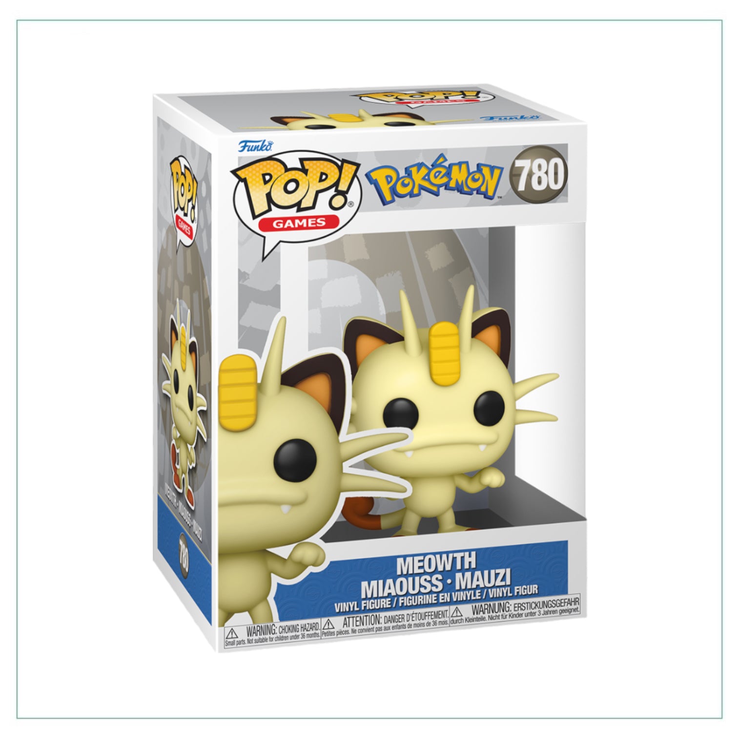 Funko Pop! figure of Meowth #780 from Pokémon, featuring its signature gold coin and playful expression.