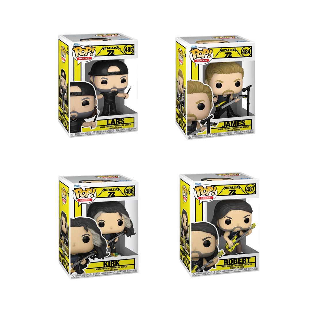 Four Funko Pop! vinyl figures in their packaging on a white background