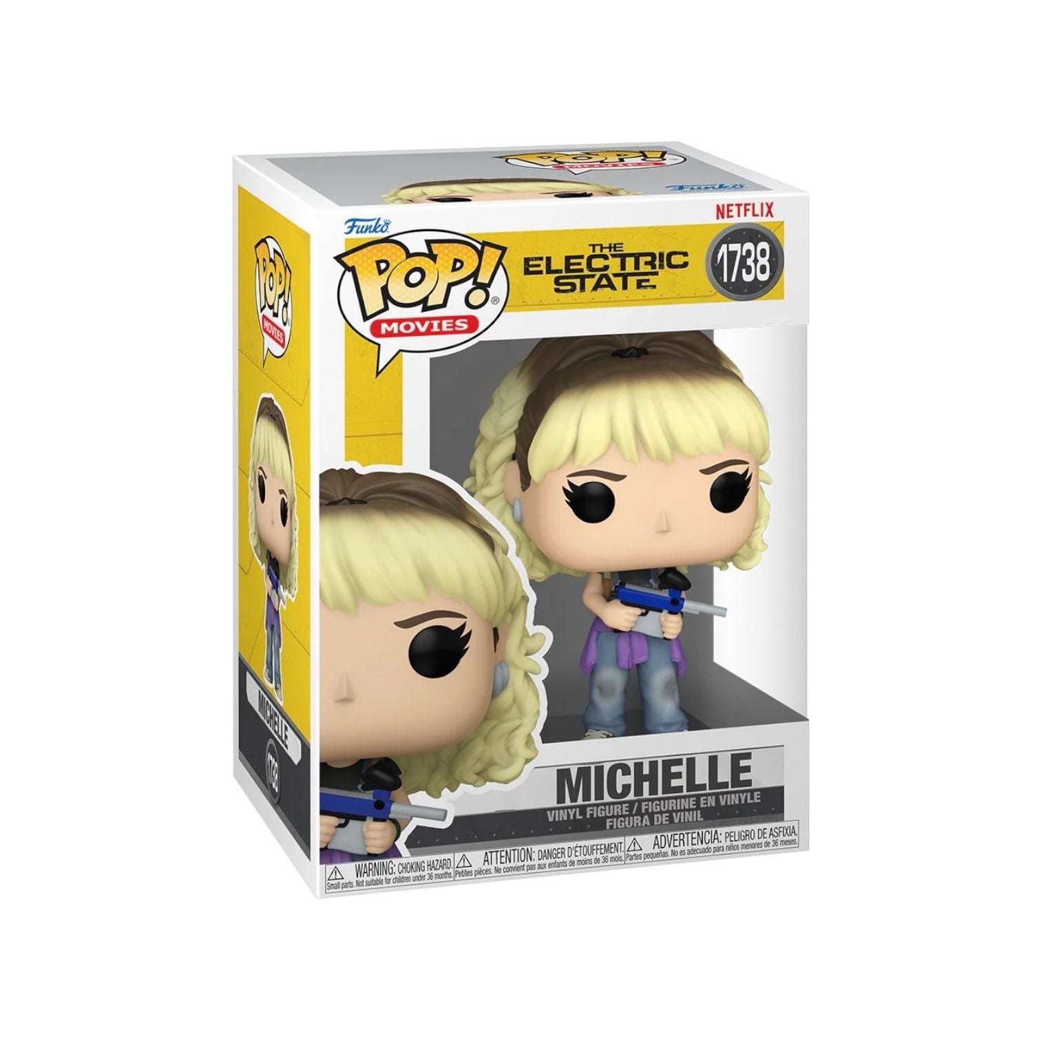 Michelle 1738 Funko pop wearing faded Jeans and holing a blue paintball gun