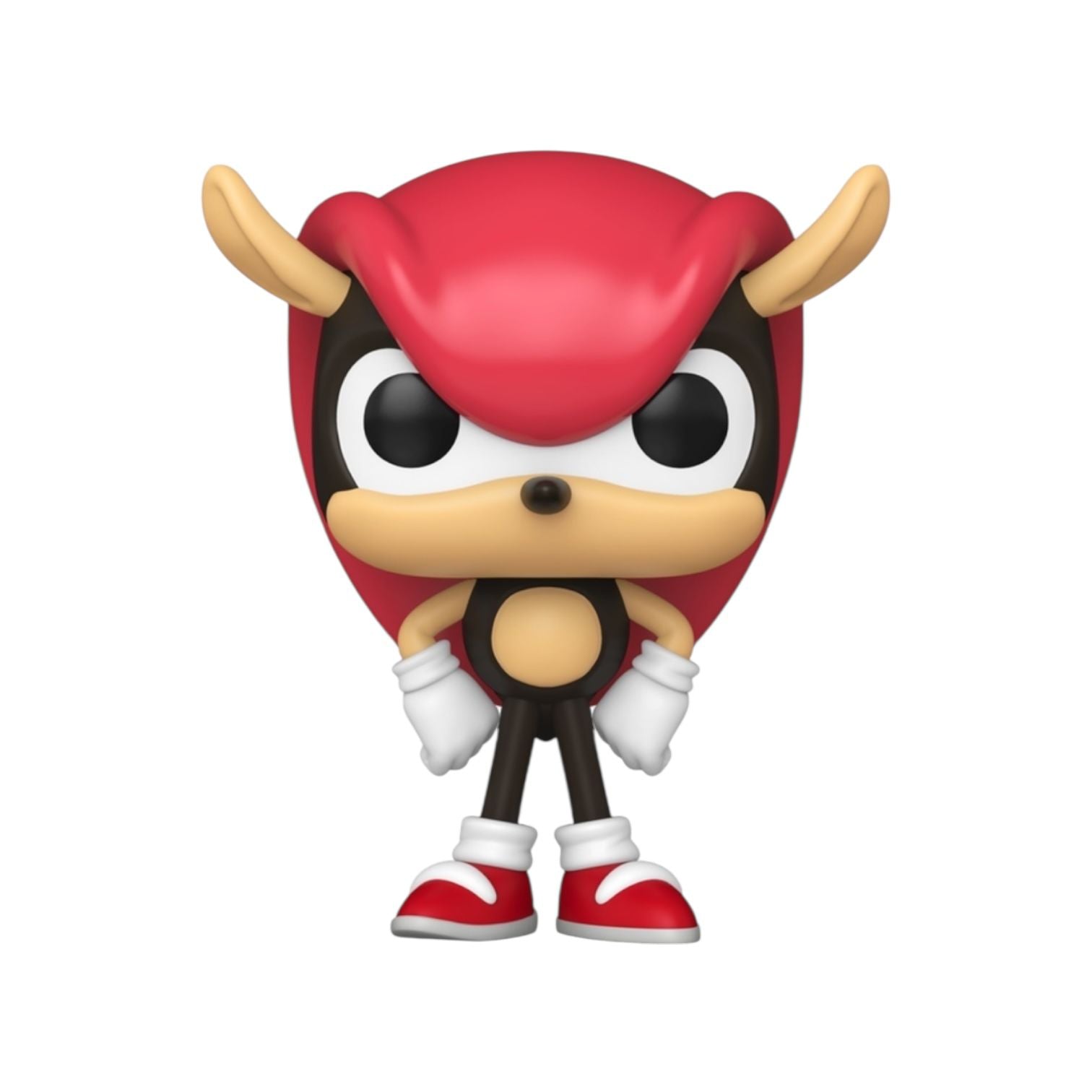 Toy figure with red cap, black body, and white shoes on a white background