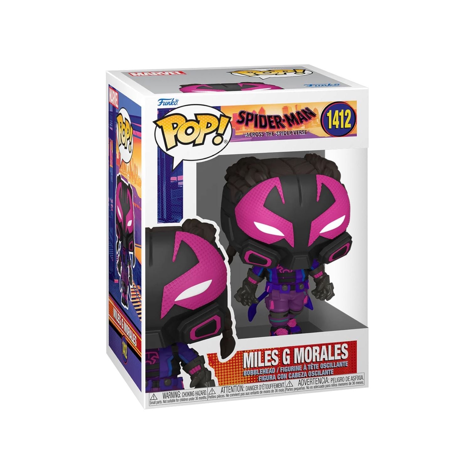 Funko Pop! figure of Miles G Morales as Spider-Man from "Across The Spider-Verse," featuring vibrant colors and detailed design.