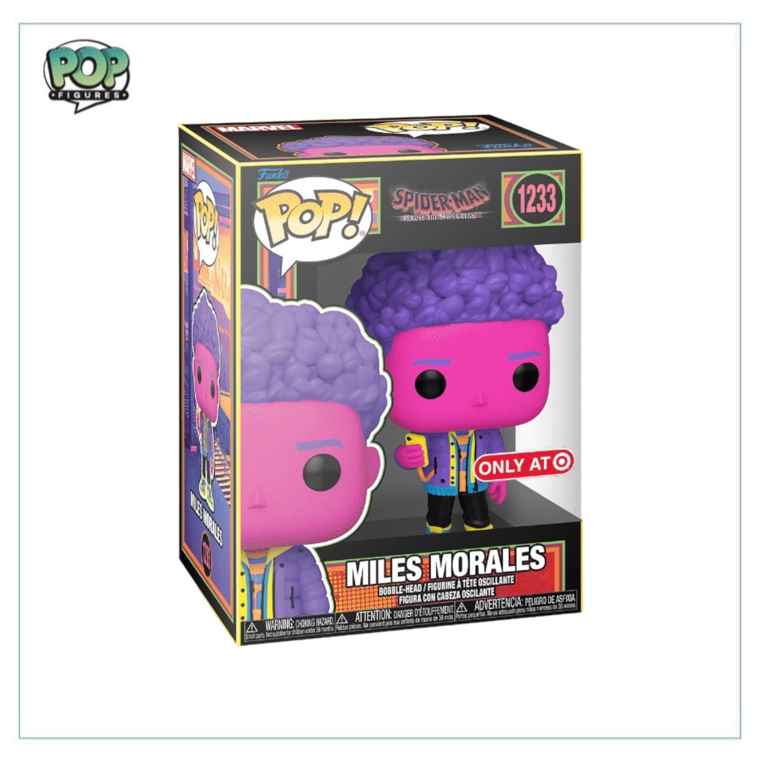Target exclusive Funko Pop! of Miles Morales #1233 in Black Light design, inspired by Spider-Man Across The Spider-Verse.