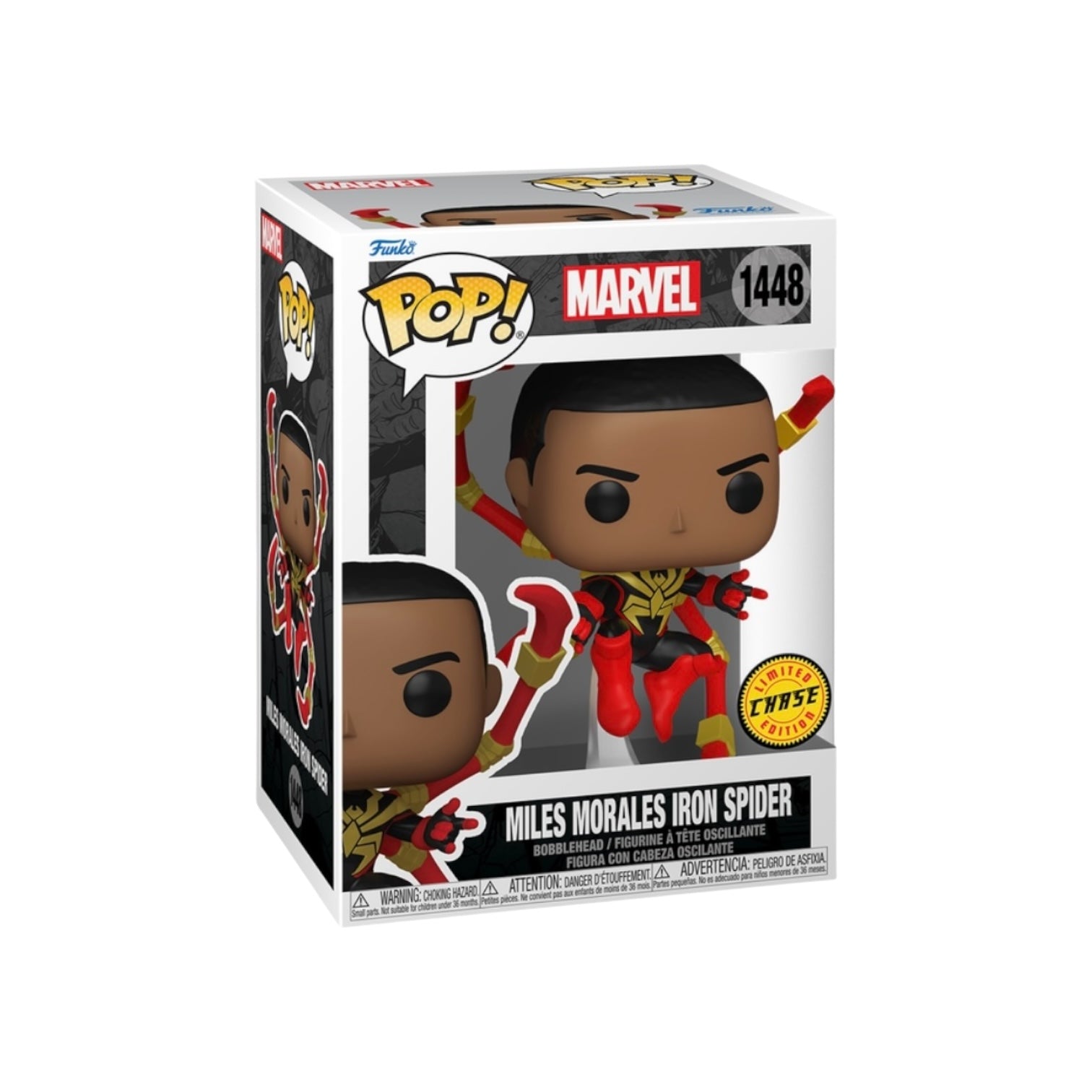 Funko Pop! Marvel Miles Morales Iron Spider figure in packaging on a white background