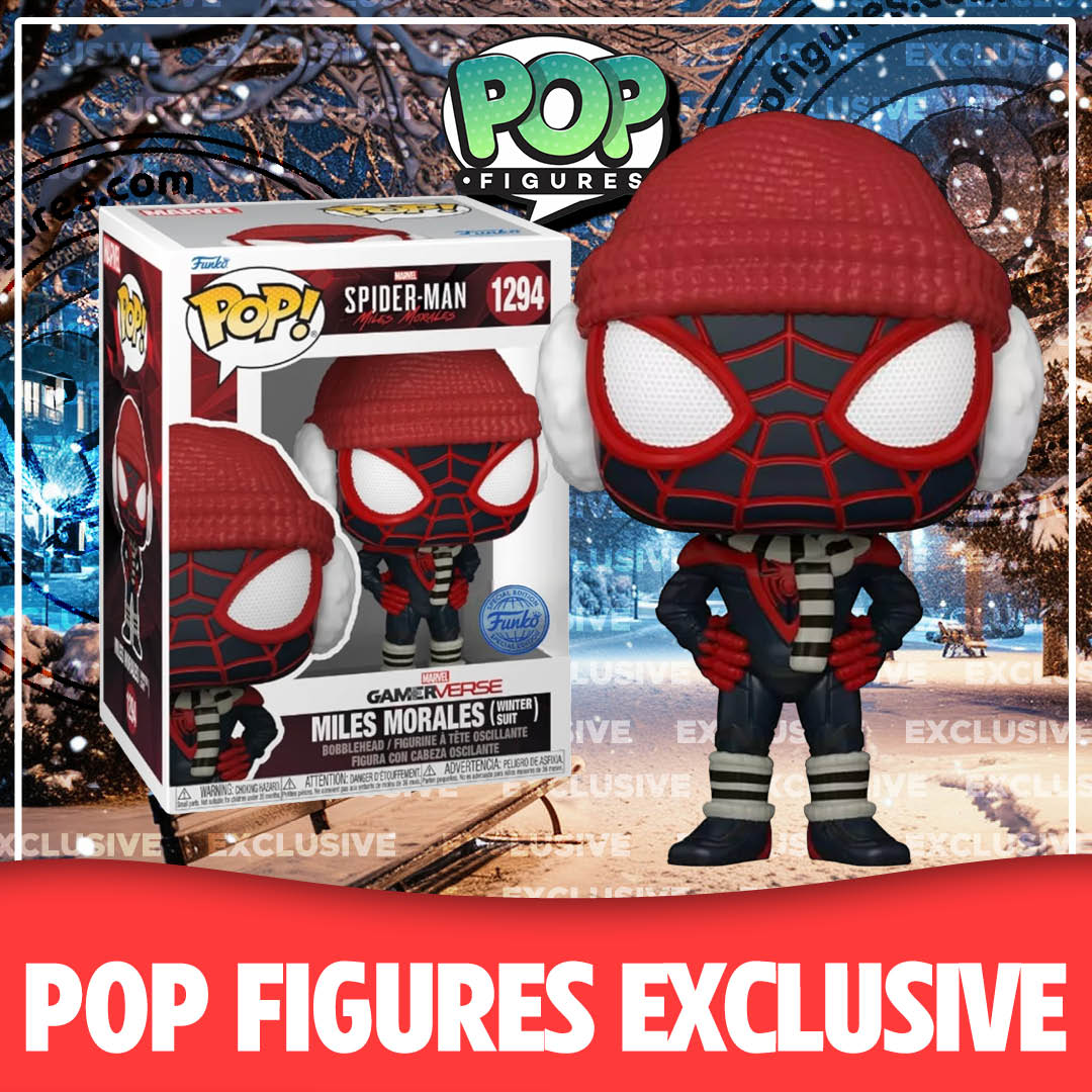 Exclusive Funko Pop! #1294 featuring Miles Morales in a winter suit from the Spider-Man GamerVerse series.