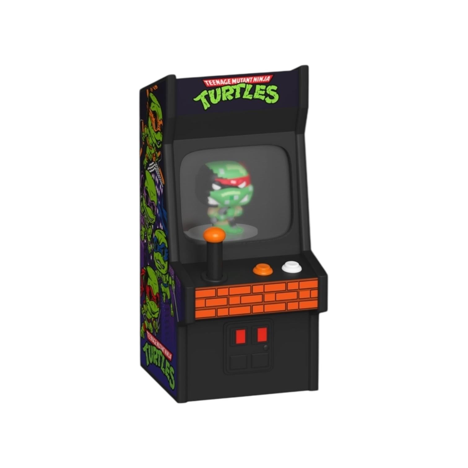 Miniature arcade machine with Teenage Mutant Ninja Turtles design on a white background