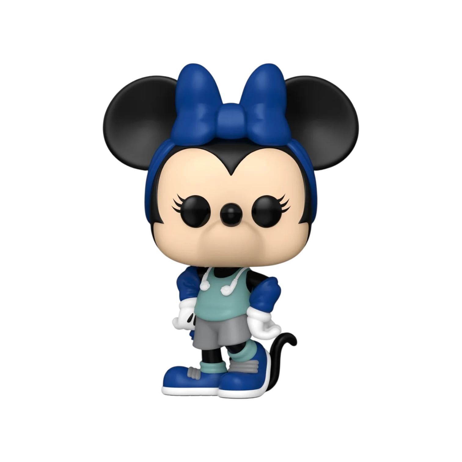 Minnie Mouse in her Marathon gear , a green vest top grey shorts and white head phones