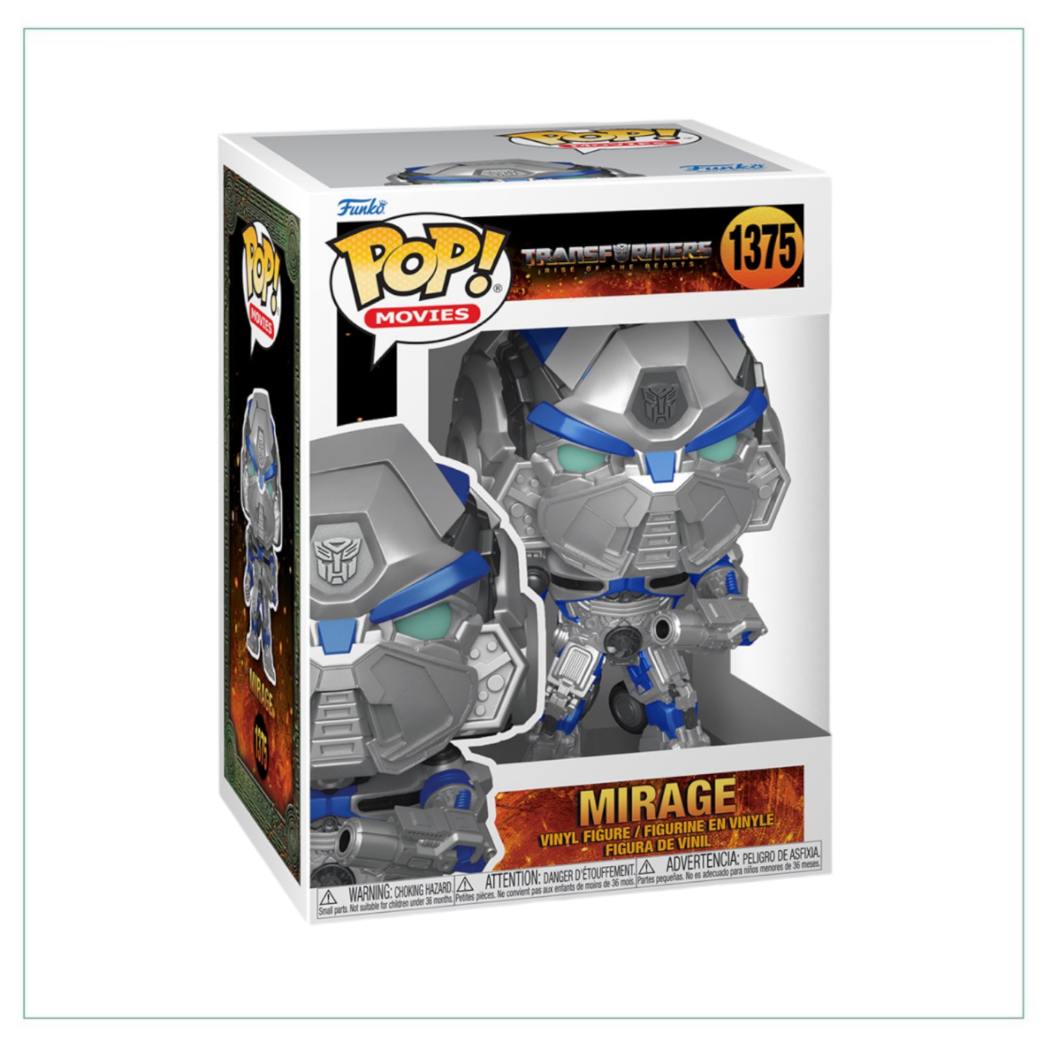 Mirage Funko Pop! from Transformers: Rise of the Beasts, featuring a dynamic pose and bright colors for collectors.