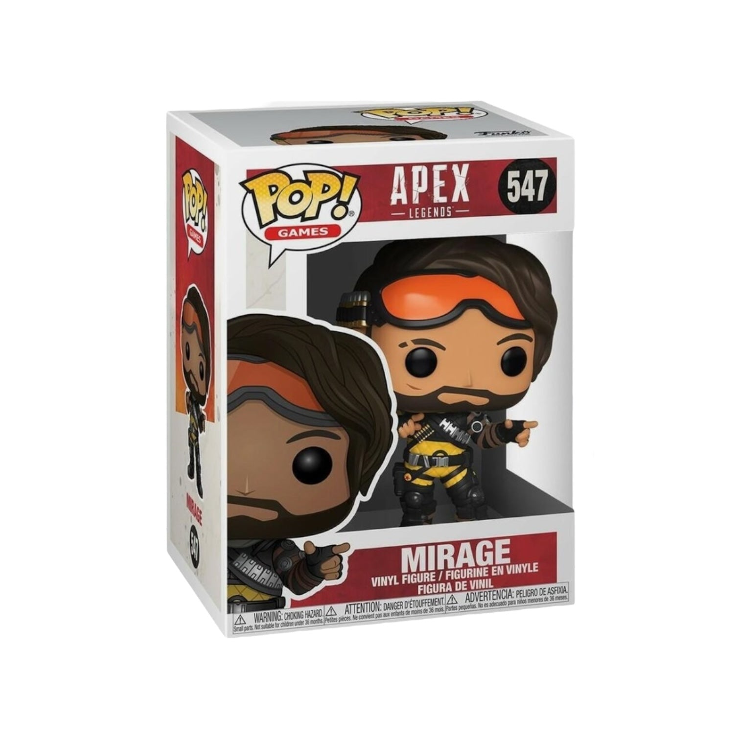 Funko Pop of Mirage #547 from Apex Legends, featuring his signature outfit and playful expression.