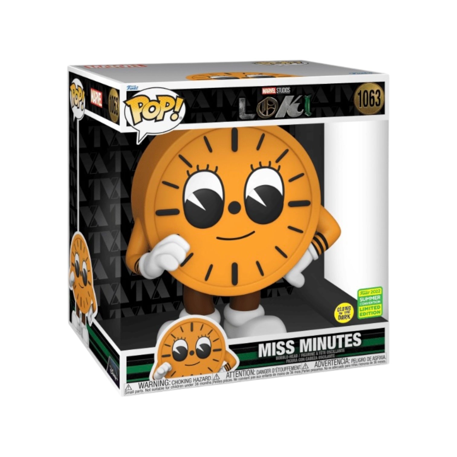 Miss Minutes #1063 Funko Pop! figure, 10", glows in the dark, from Loki, SDCC 2022 Shared Exclusive edition.