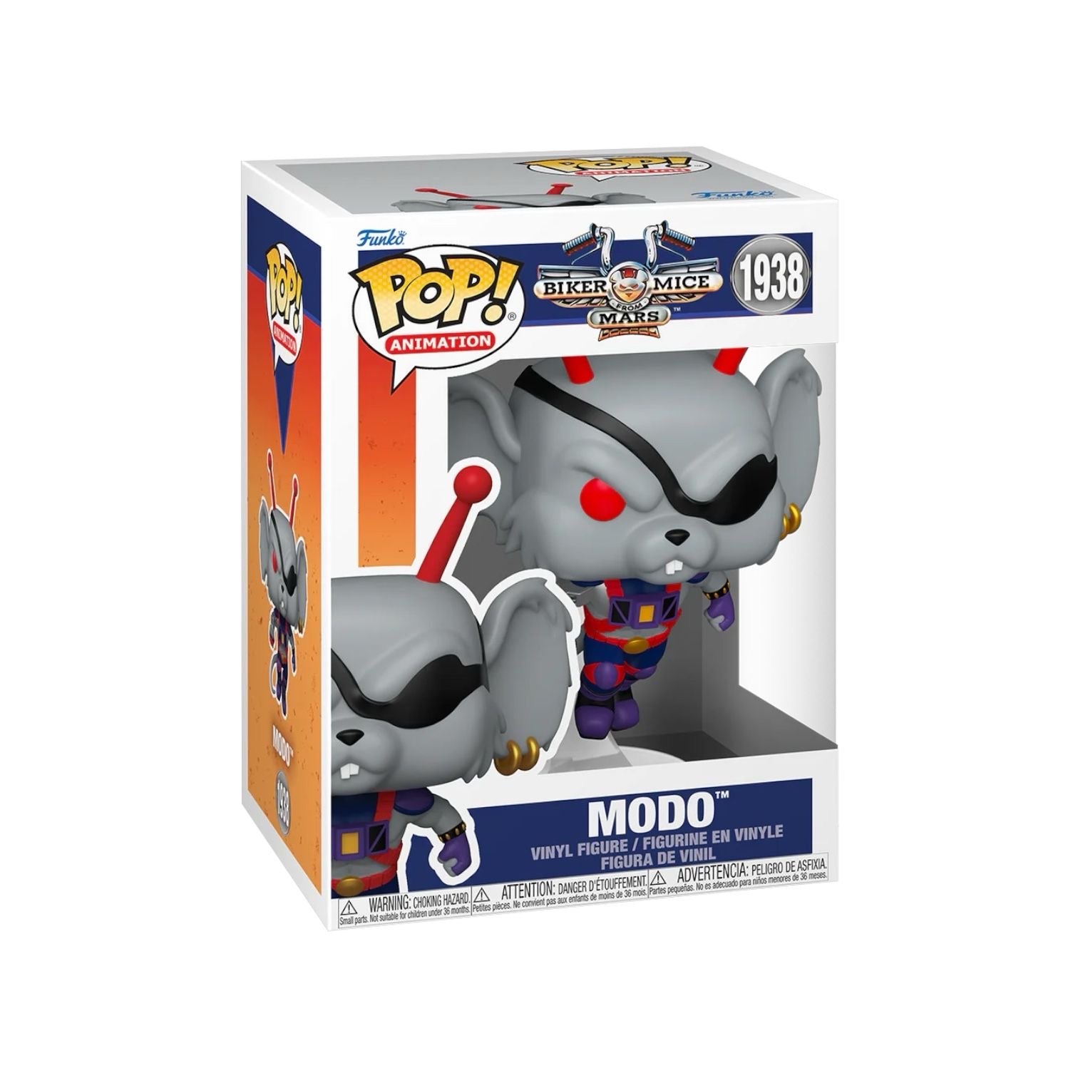 Modo from biker mice fro Mars a grey mouse wearing a blue spacesuit with a eye patch