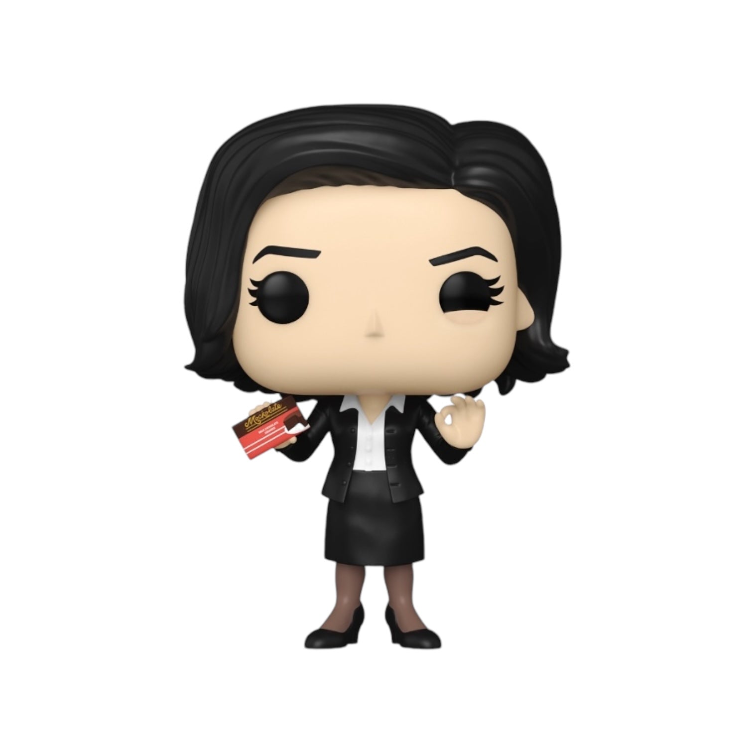 Monica Geller Funko Pop wearing a Black Skirt suit with a white blouse holding a mockolate in her right hand. Displayed with no External packaging