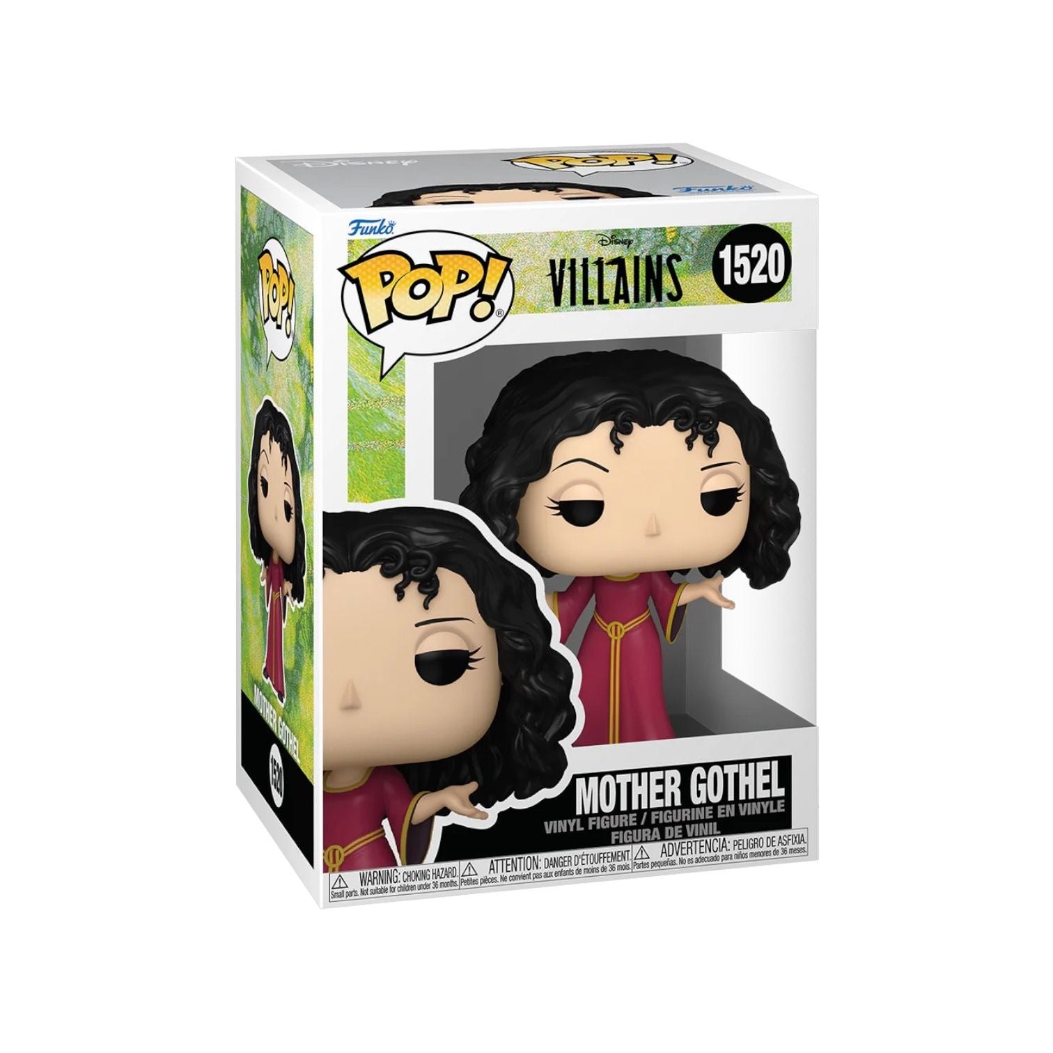 Funko Pop! figure of Mother Gothel from Disney's Tangled, featuring her signature dark dress and long, flowing hair.