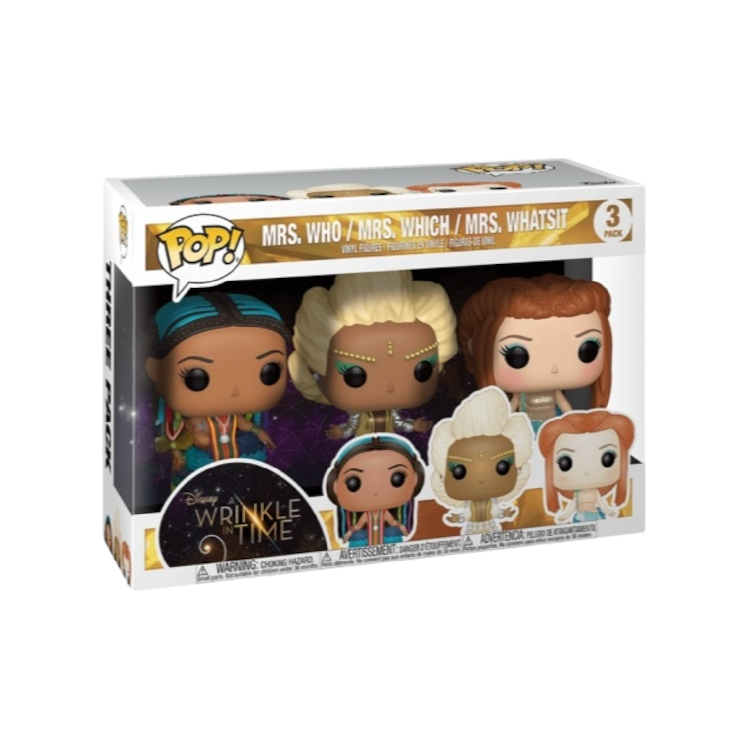 Funko 3 Pack featuring Mrs. Who, Mrs. Which, and Mrs. Whatsit from A Wrinkle In Time, showcasing their unique designs.