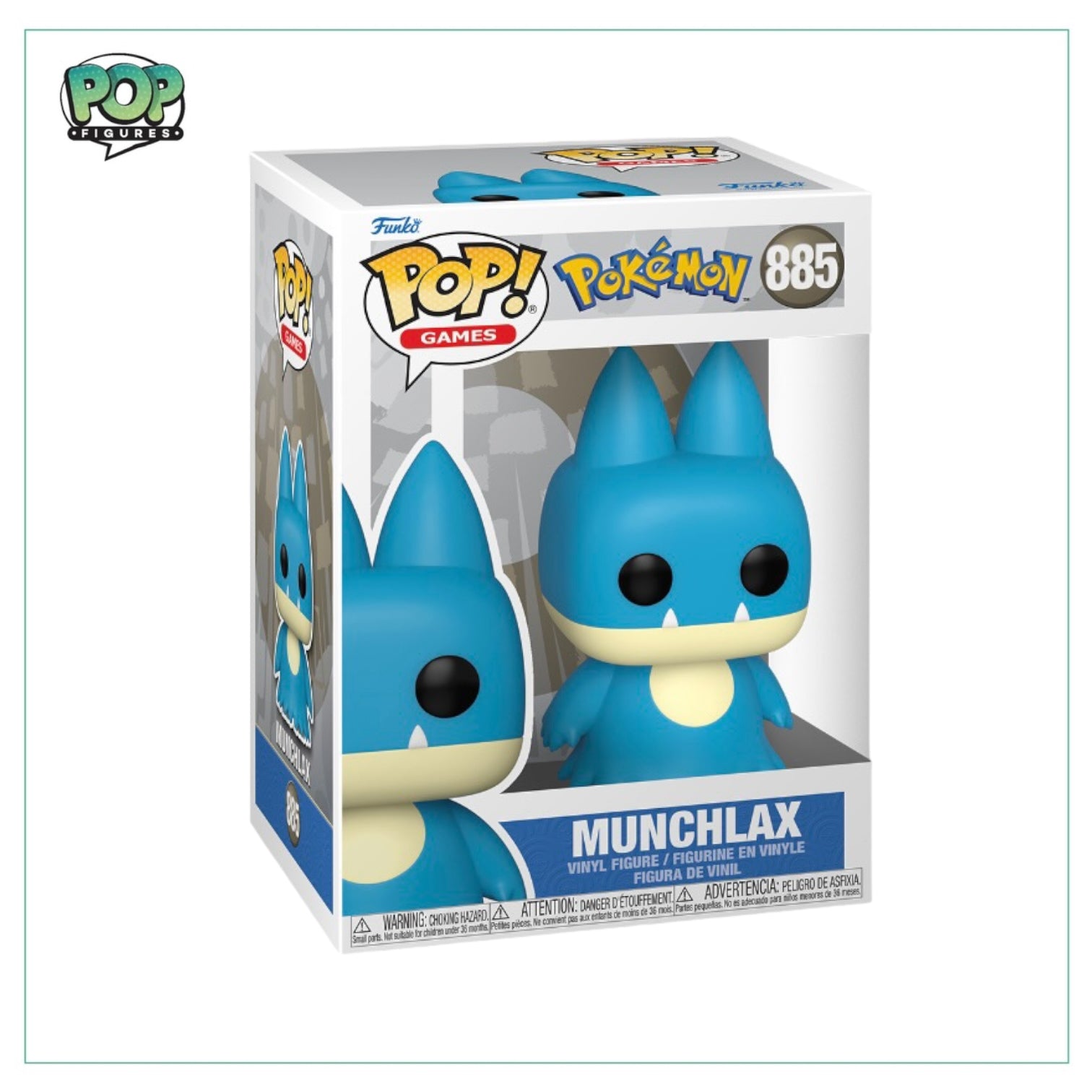 Munchlax #885 Funko Pop! collectible, featuring a smiling, plump Pokémon with blue fur, designed in a playful, stylized manner.