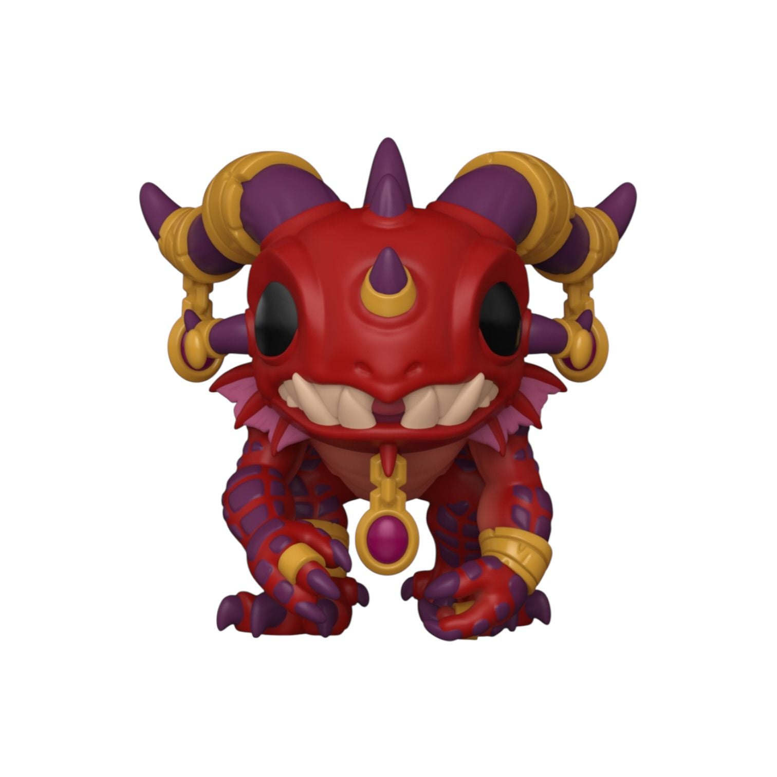 Colorful dragon-like figurine with red, purple, and yellow colors on a white background