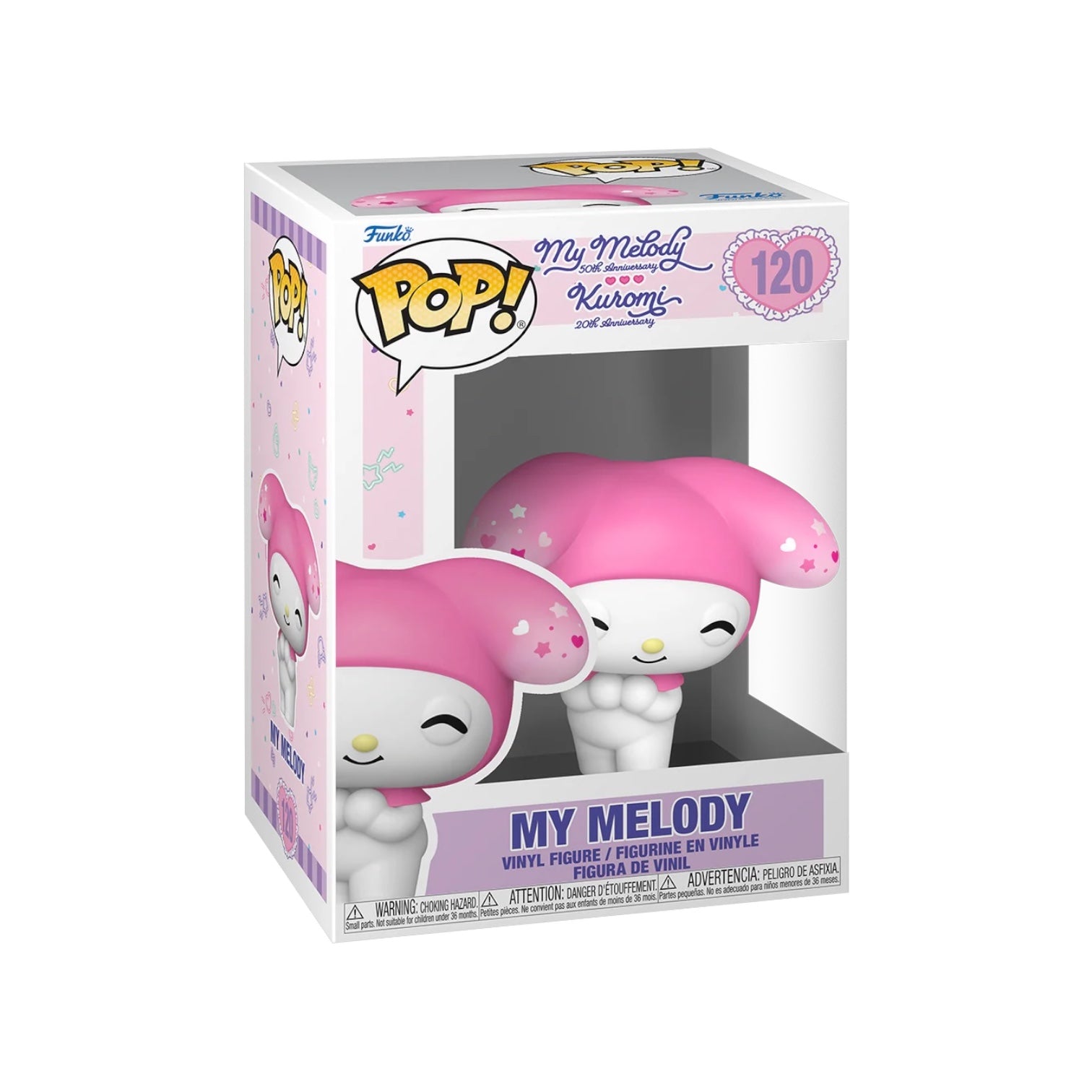 Funko Pop! vinyl figure packaging of My Melody with pink hair and white body, in a clear window box on a white background.