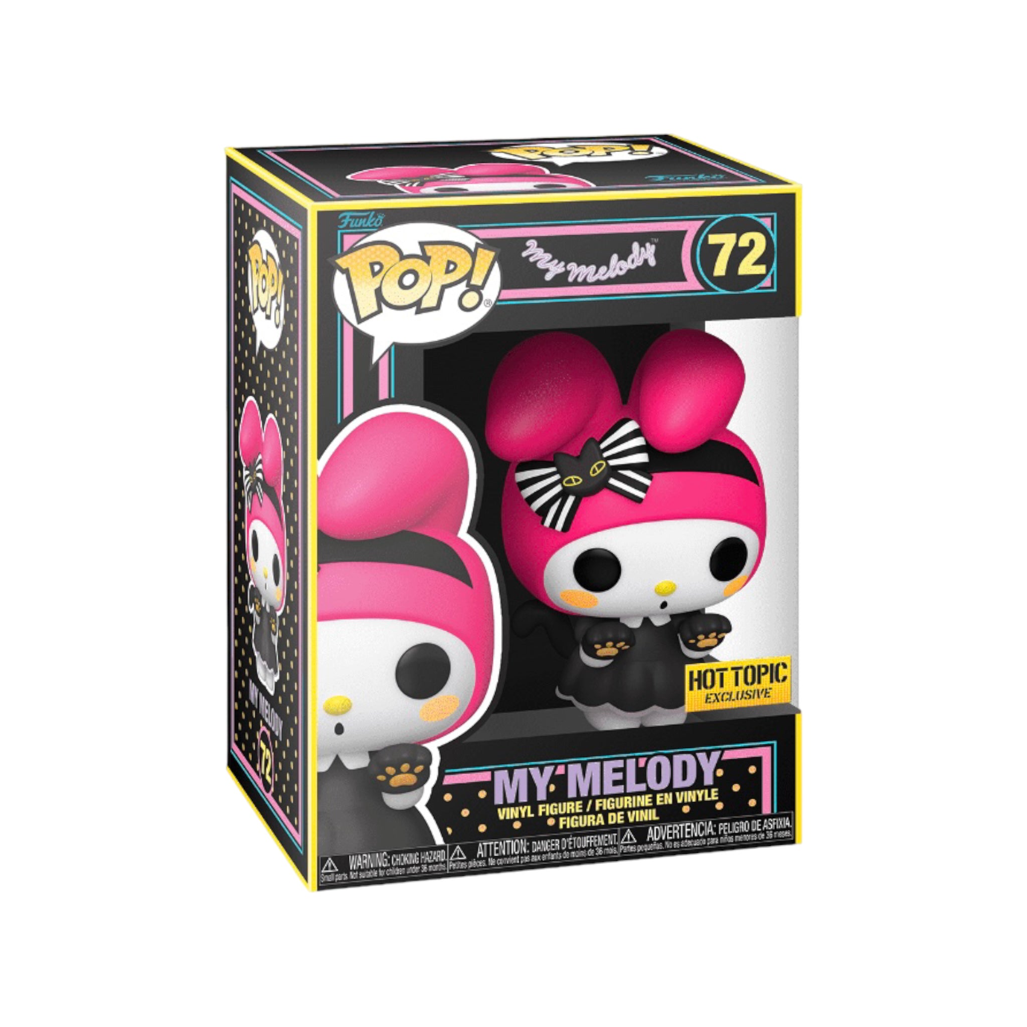 My Melody #72 Funko Pop! in black light design, a Sanrio character, exclusive to Hot Topic, perfect for collectors.