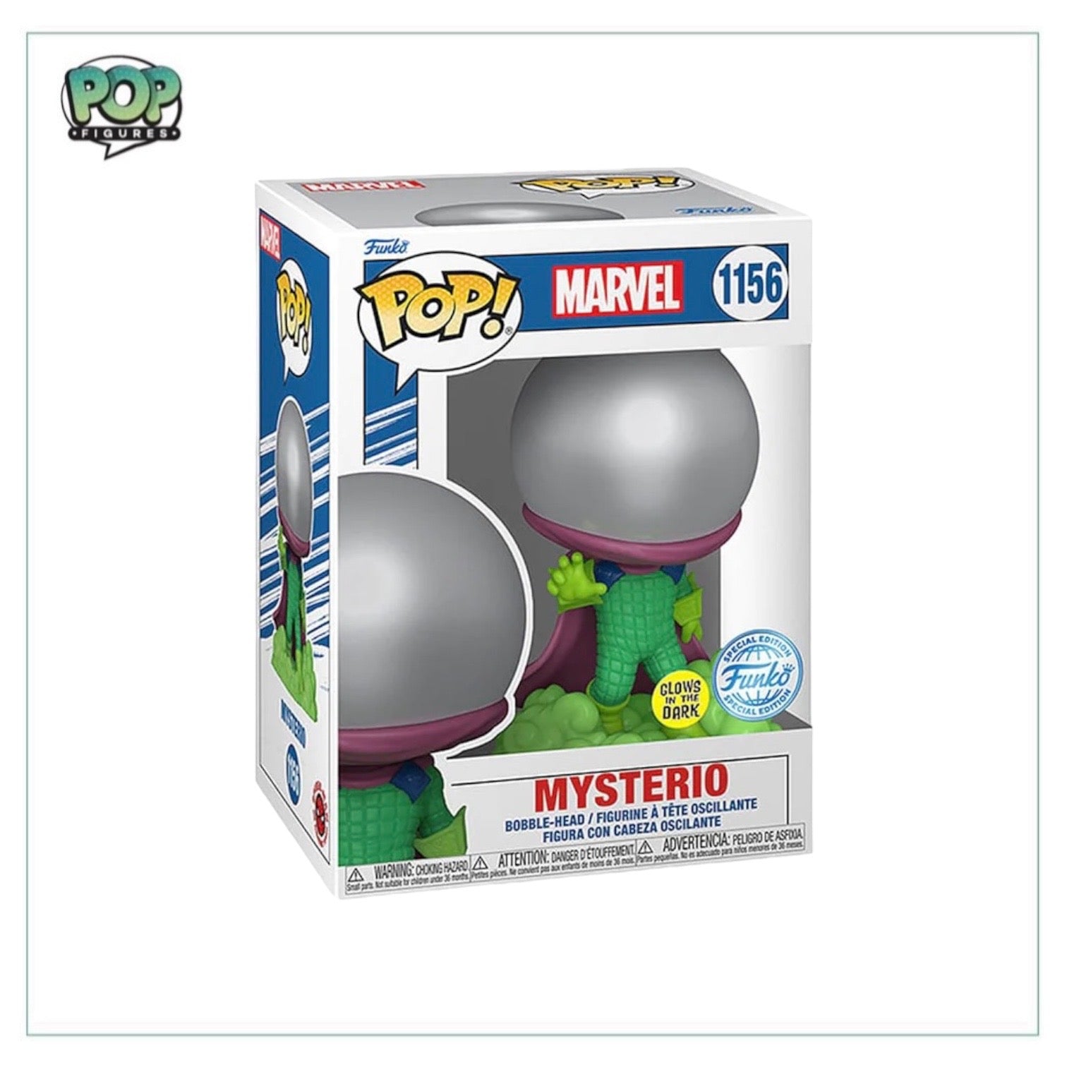 Mysterio #1156 Funko Pop! collectible, glows in the dark, from Marvel's Special Edition series.