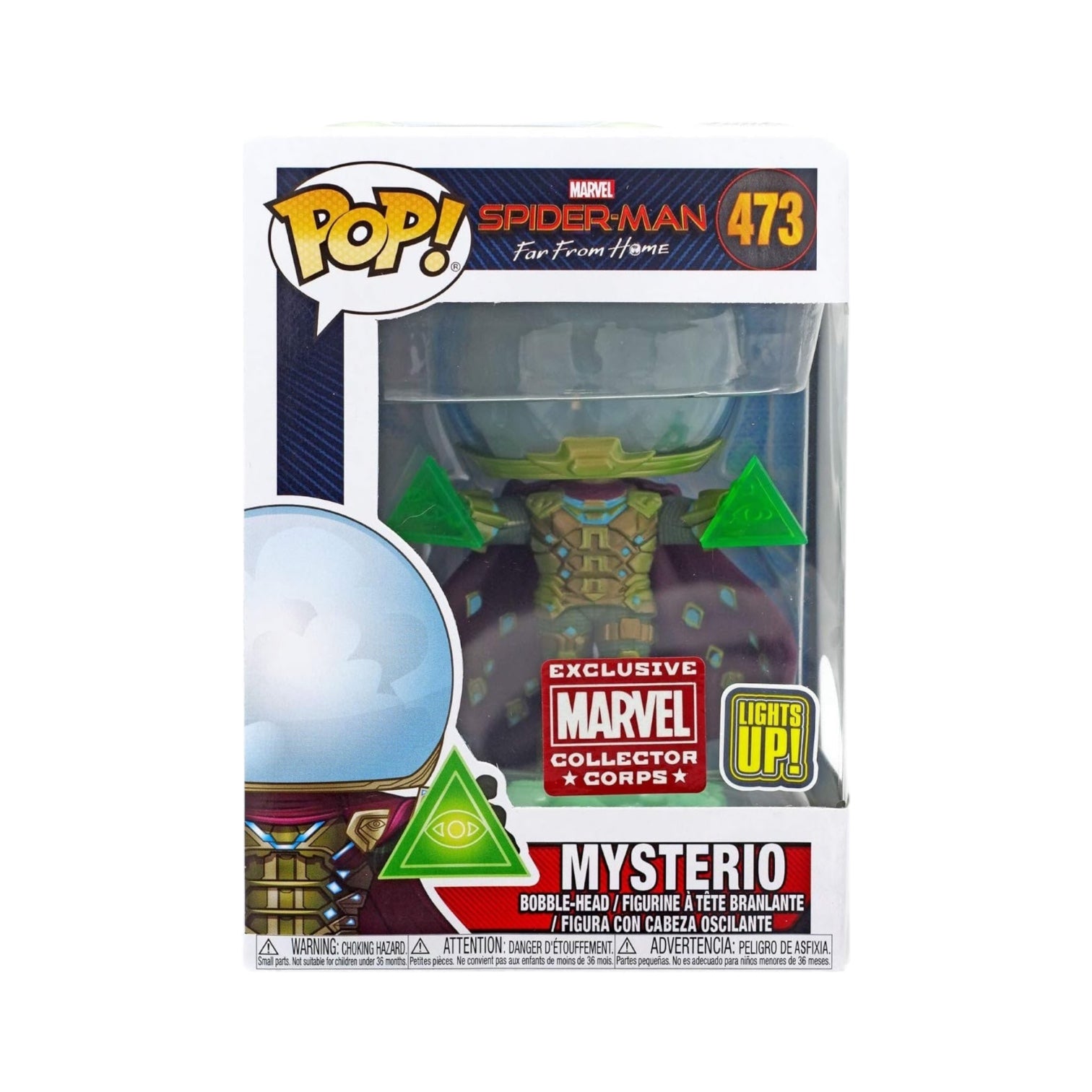 Mysterio Funko Pop! #473 from Spider-Man: Far From Home, featuring his iconic green and purple costume and fishbowl helmet.
