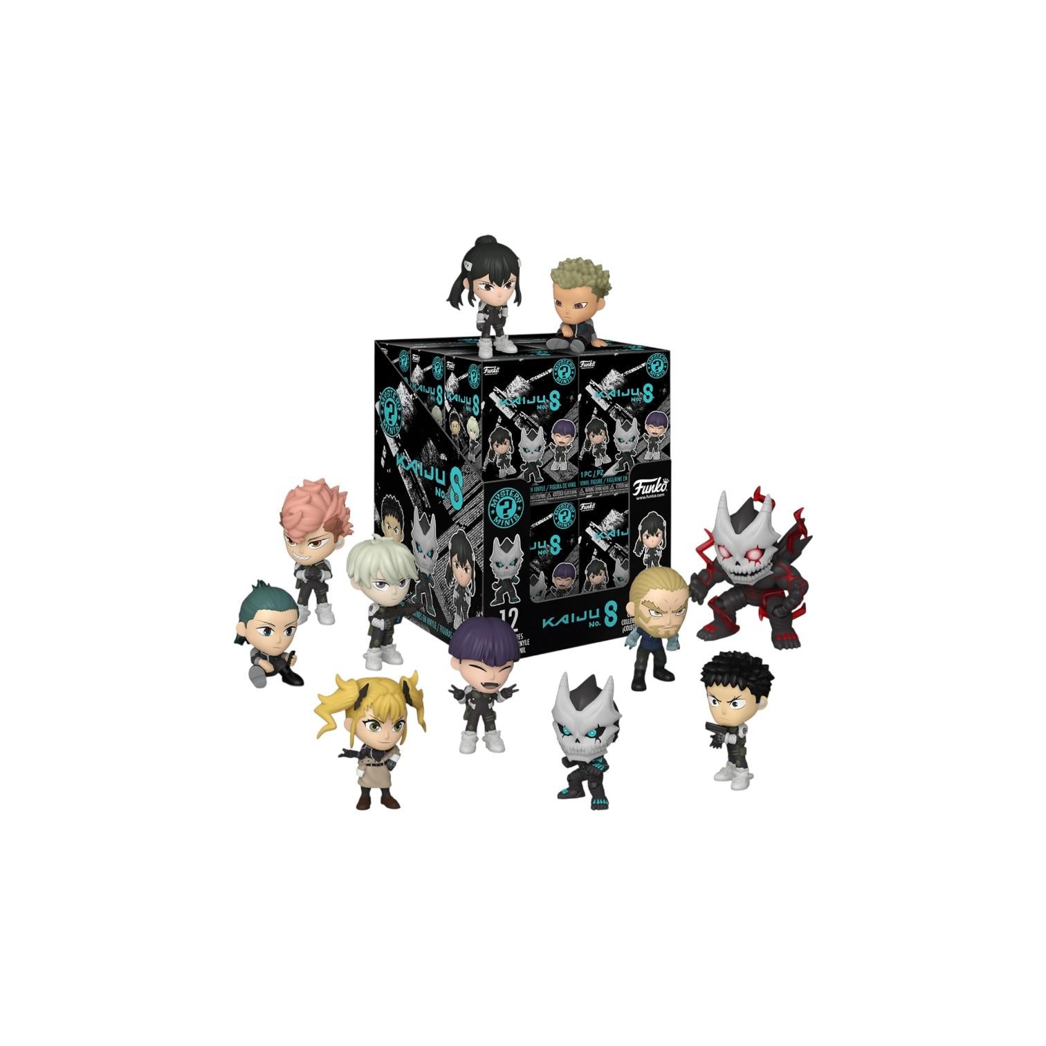 Collection of figurines in front of a display box on a white background