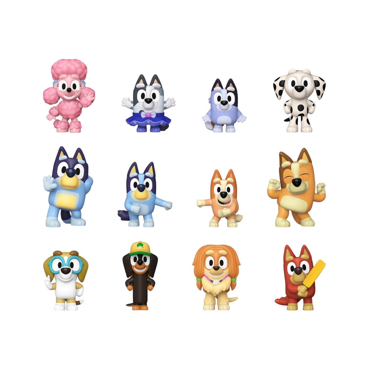 A set of 12 colorful cartoon dog character figurines arranged in a 3-by-4 grid on a plain white background. The characters include Pinky, Blue, Dalmatian, Blue Boy, Blue, Red Dog, Bingo, Bandit, Boots, and others in various poses.