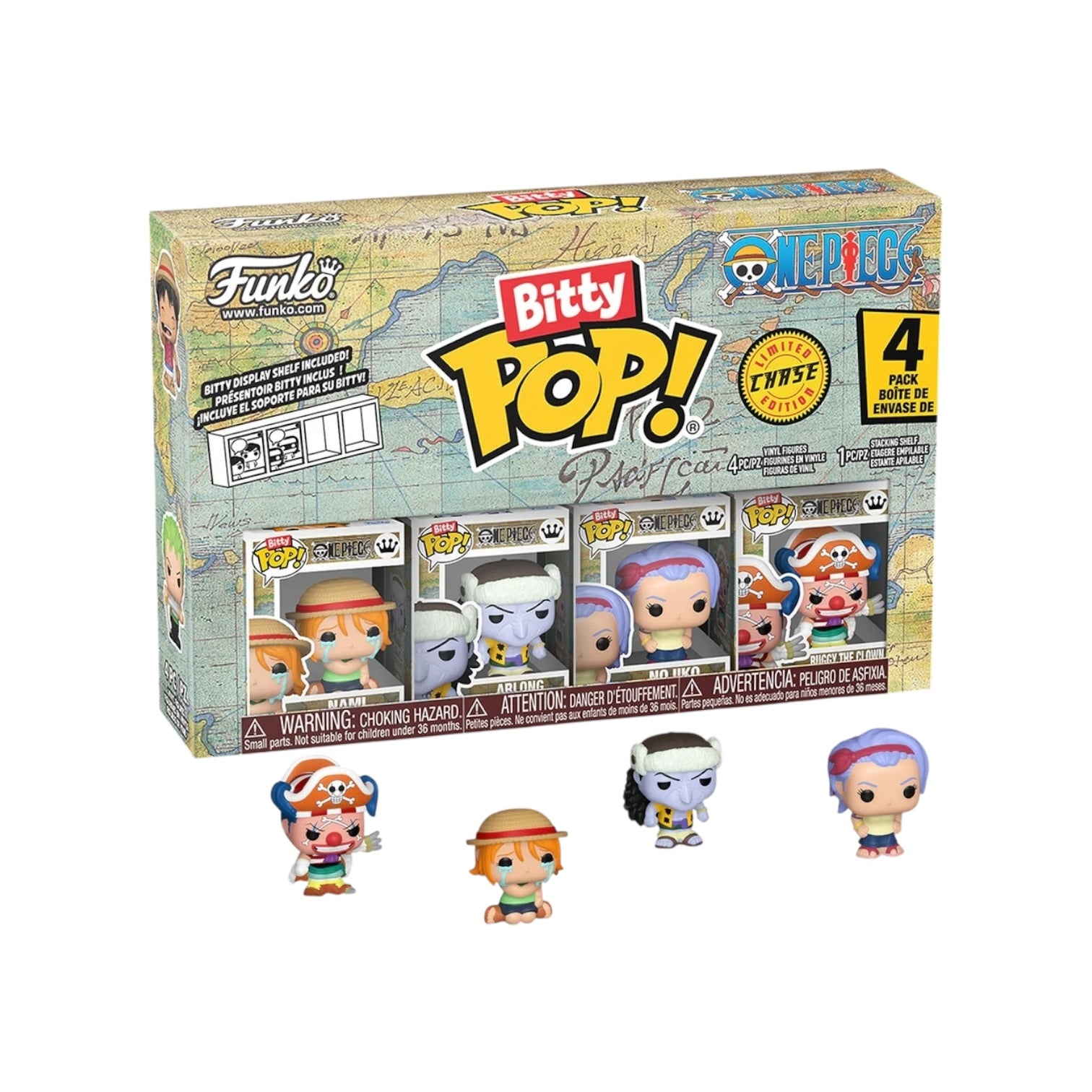 Funko Bitty Pop! packaging with four figures displayed in front on a white background