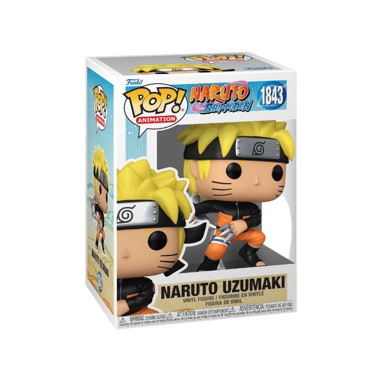 Naruto Uzumaki Funko Pop #1843, depicting the character in his iconic orange outfit from the anime Naruto Shippuden.