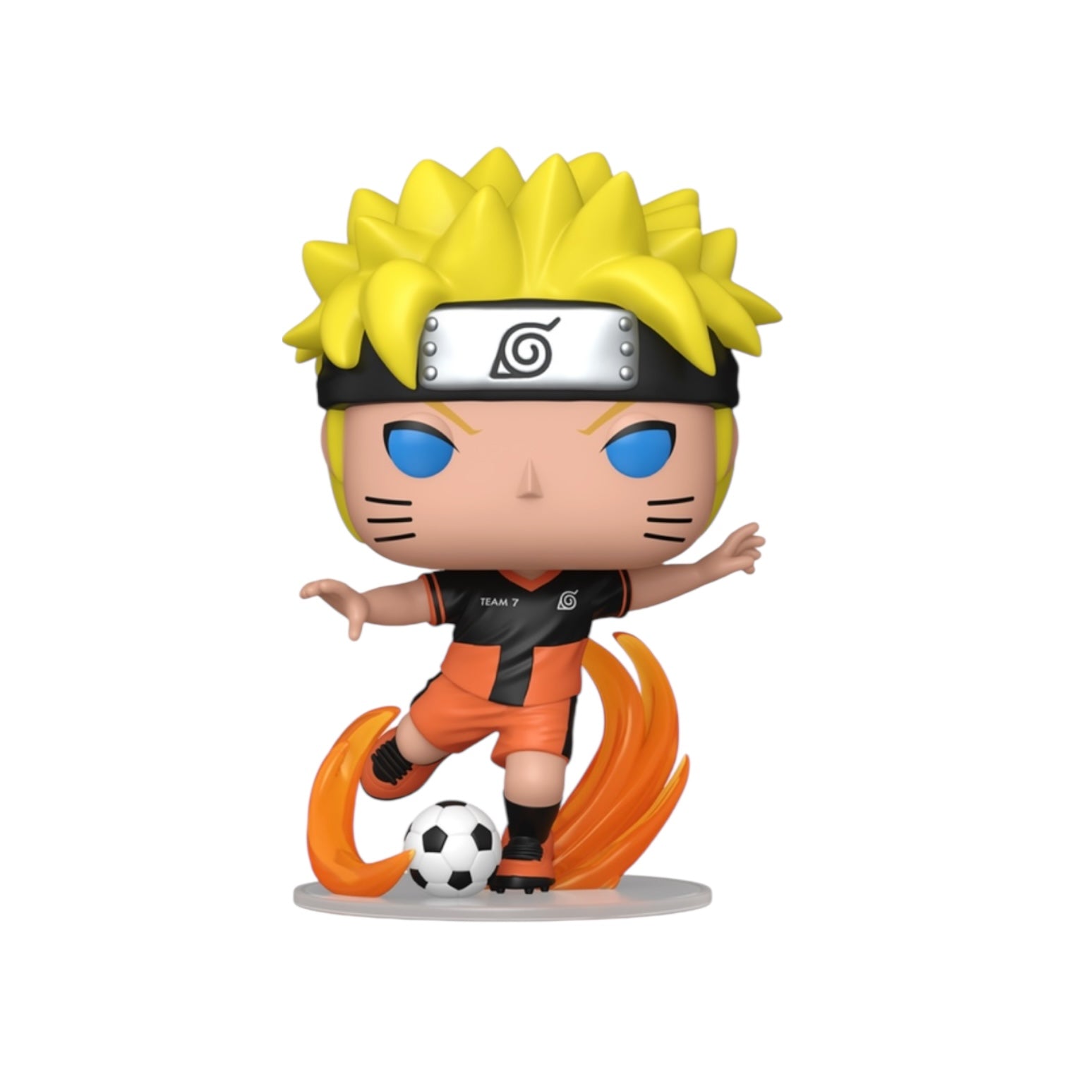 Action figure of a character with spiky yellow hair and blue eyes, wearing an orange and black outfit, on a white background.