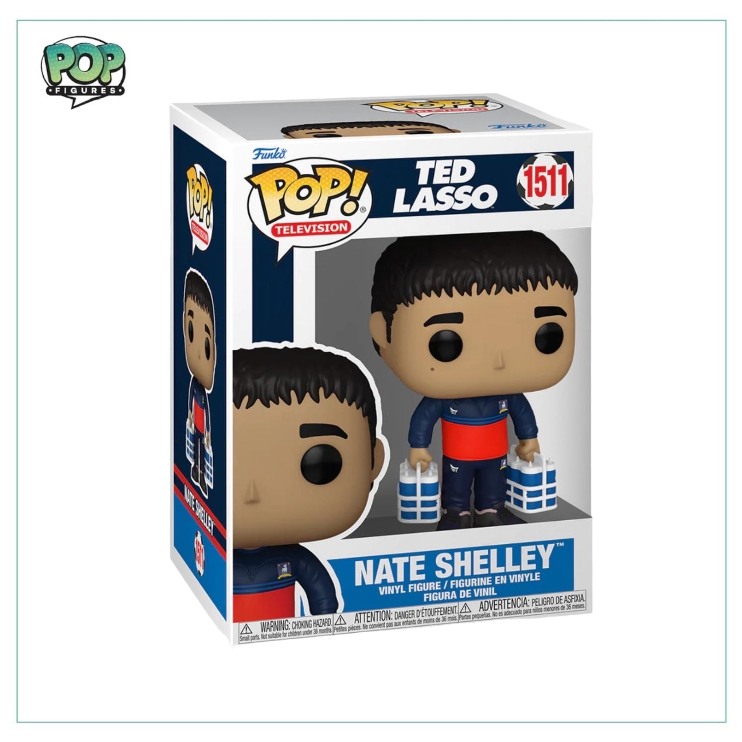 Nate Shelley Funko Pop! from Ted Lasso, featuring him with water bottles, perfect for fans of the show and collectors alike.