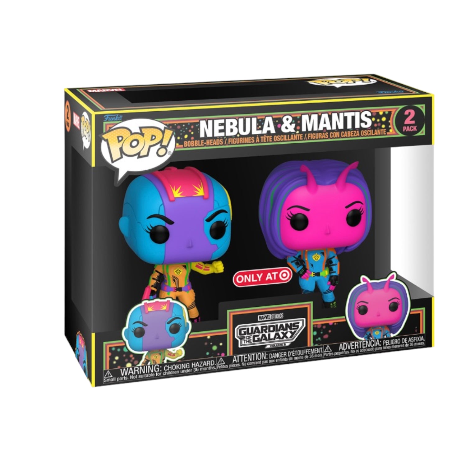 Target exclusive Funko Pop! 2-pack of Nebula and Mantis from Guardians of the Galaxy Vol 3, showcasing vibrant designs.
