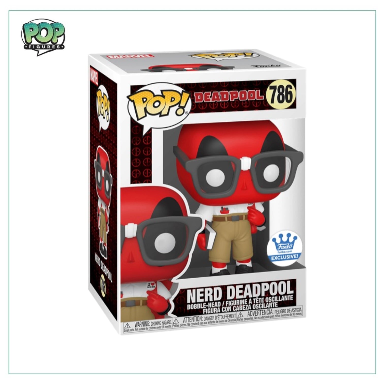 Funko Pop! Nerd Deadpool #786, featuring a quirky design with glasses and a comic-themed outfit, perfect for collectors.