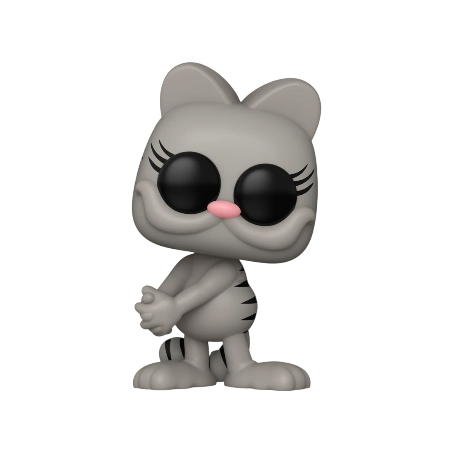 Gray cat figurine with black stripes on a white background