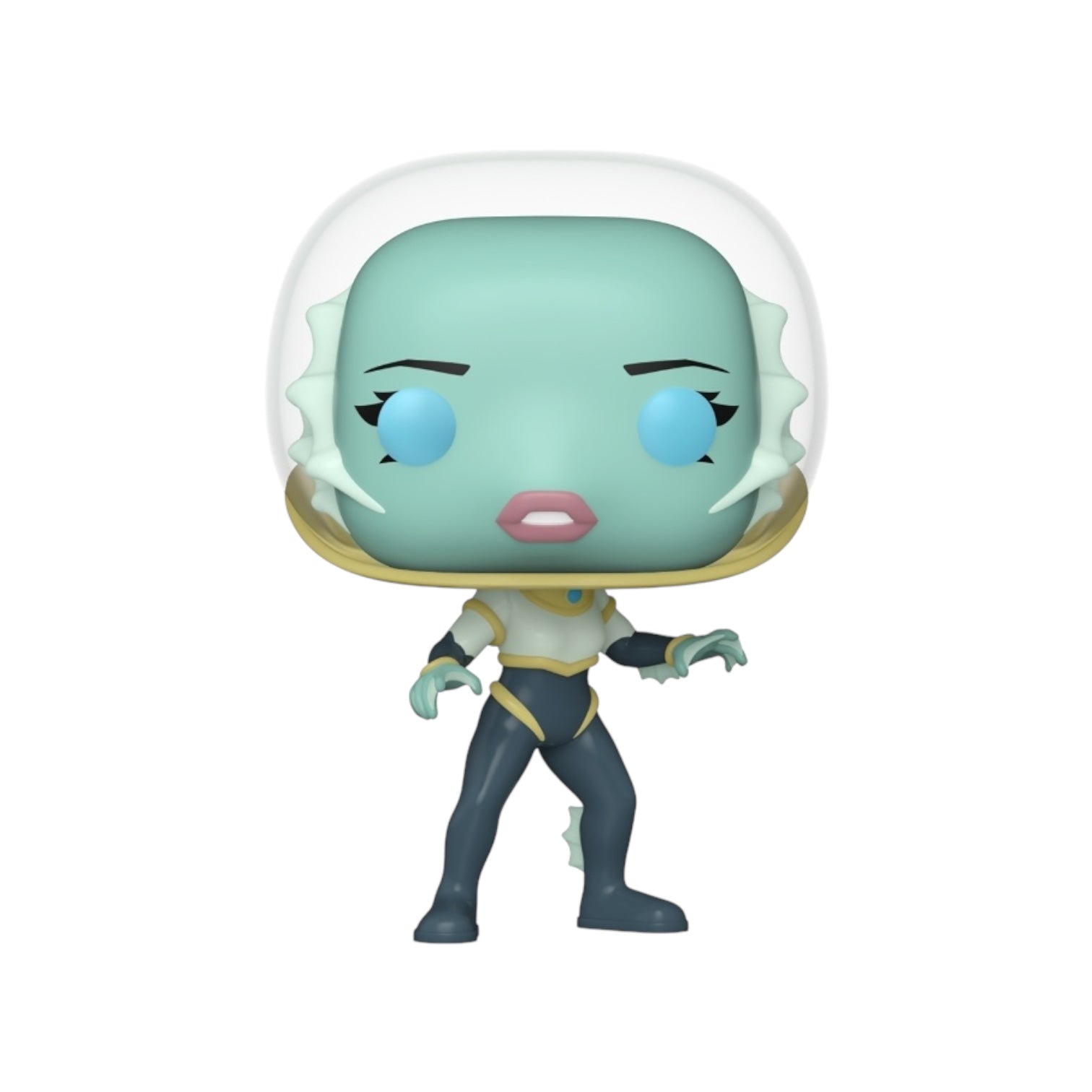 The figure depicts a light blue-skinned humanoid character with fish-like features, wearing a multi shaded green space suit with gold accents and a clear helmet.