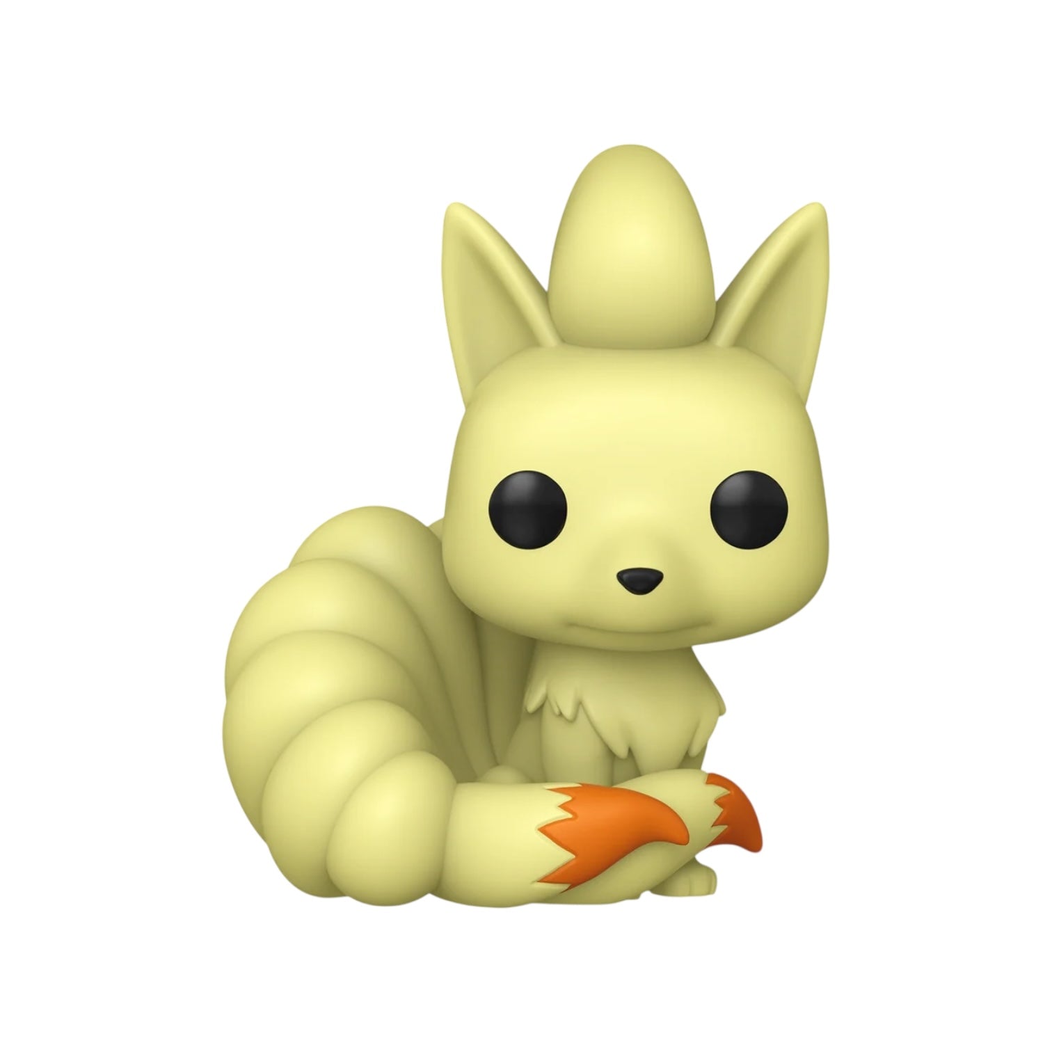 Yellow fox-like figurine with black eyes and orange accents on a white background